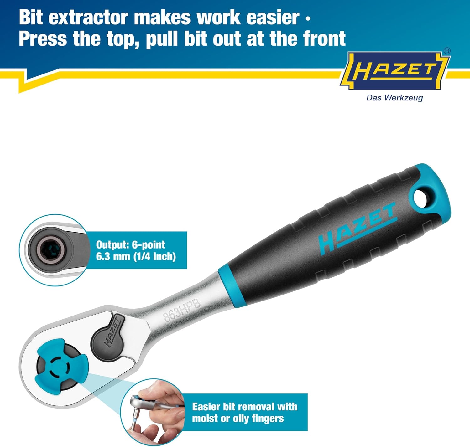 HAZET Hiper Fine-Tooth Reversible Ratchet 863HPB For Bits I Output: Hexagon 6.3 Mm 1/4 Inch, Small Operating Angle (4 Degrees), Extremely Resilient I For Use in the Tightest of Spaces