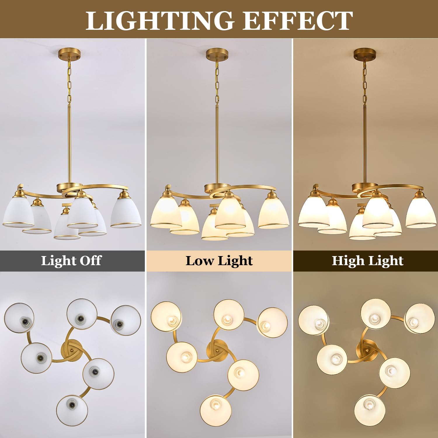 6-Light Modern Gold Chandeliers for Dining Room 59"Max Adjustable Height Farmhouse Pendant Light with Frosted Glass Shades, Metal Hanging Lamp for Kitchen Island, Dining Table, Entryway, Hallway