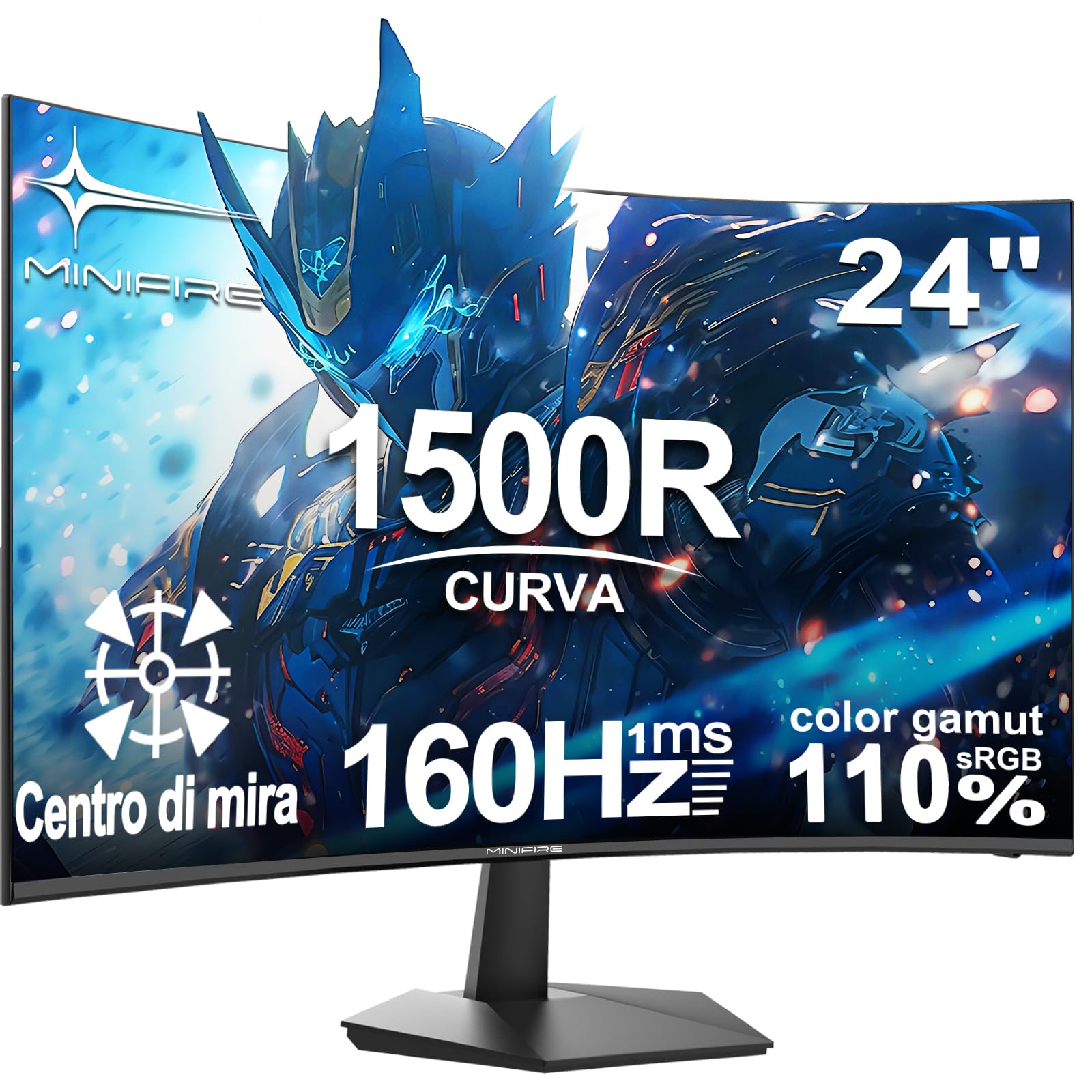 Minifire Gaming Monitor 24 Zoll, 160Hz, Curved Gaming Monitor 1500R, 1Ms, sRGB110%, FHD 1080P Computer Screen, VESA Compatible, Eye Care Adaptive Sync HDMI&DP Prots (MFG24C1L Cavo HDMI incluso)