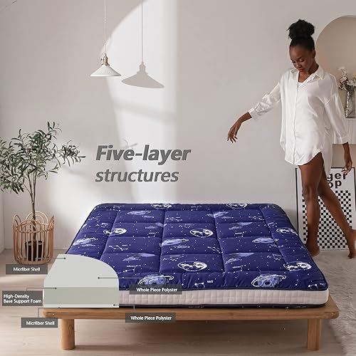 Miniatura 6 de MAXYOYO Colchón de futón de aventura espacial azul marino, colchón acolchado japonés, extra grueso, plegable, tumbona para el suelo, cama de