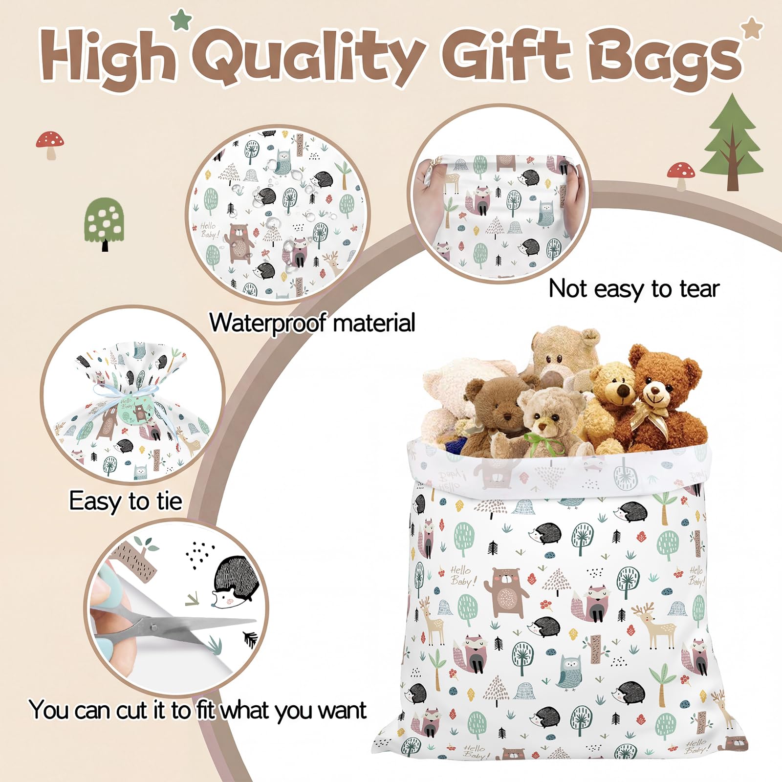 56" Extra Large Baby Shower Plastic Gift Bag, Jumbo Gift Bag with Woodland Animal Design for Girls, Boys and Newborn Parties or Celebration