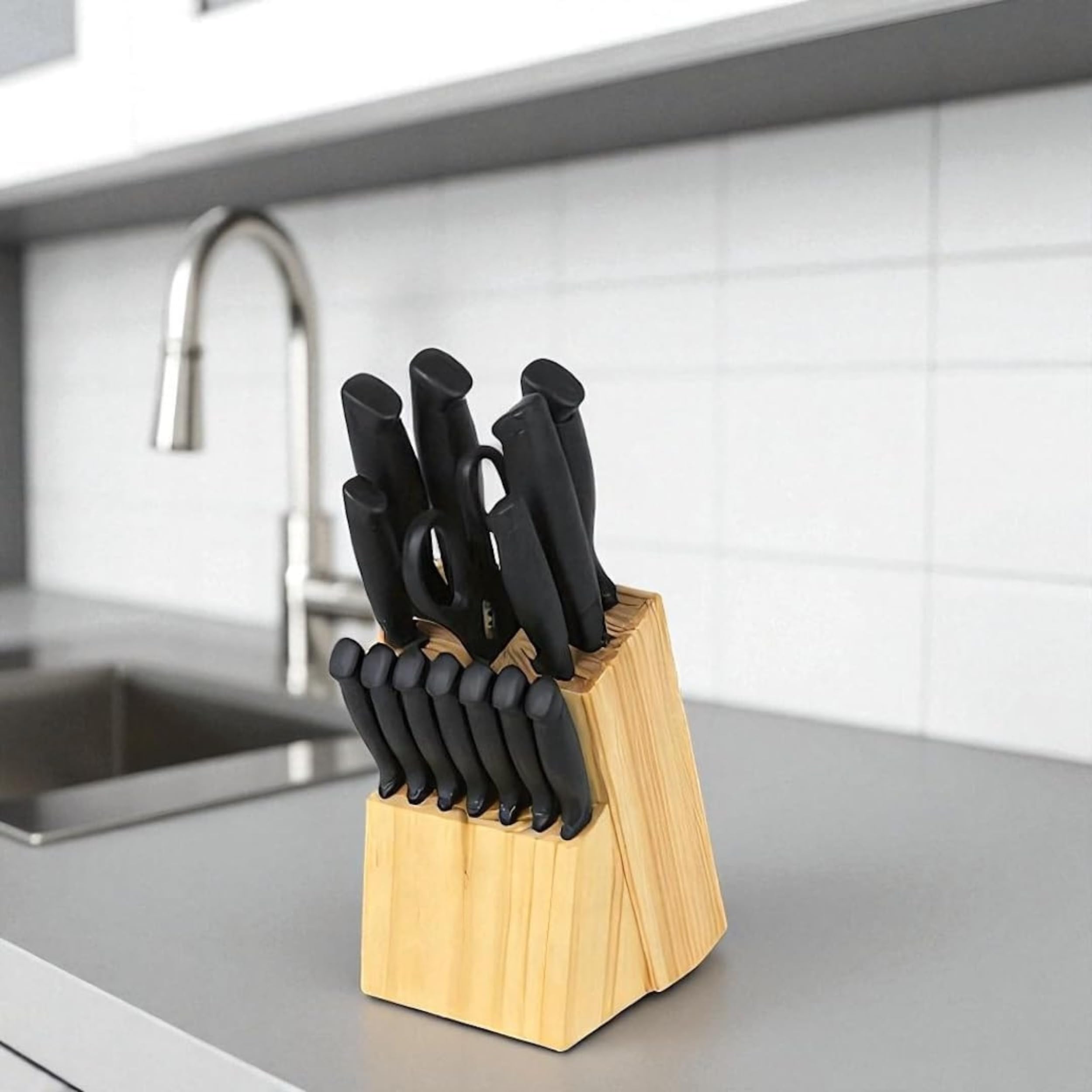 PARENCE.- Juego de cuchillos de cocina de 14 piezas con bloque de madera - hojas de acero inoxidable revestido de negro, cuchillo de chef, pan, bistec + tijeras