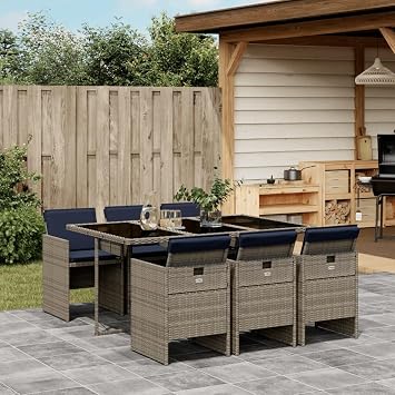 Patio Dining Set 6 Seats Gray PE Rattan Foldable, Weather-Resistant Outdoor Furniture for Balcony & Garden, Powder-Coated Steel Frame, Rectangular Table & Chairs