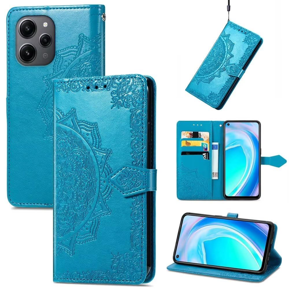 HONLEN Custodia per Redmi 12 (4G) / Redmi 12 5G Cover, (6.79 Inches) Premium PU Pelle Wallet Magnetica Flip Case con Stampata Mandala, 3 Slot Schede, Stand Cover Nero