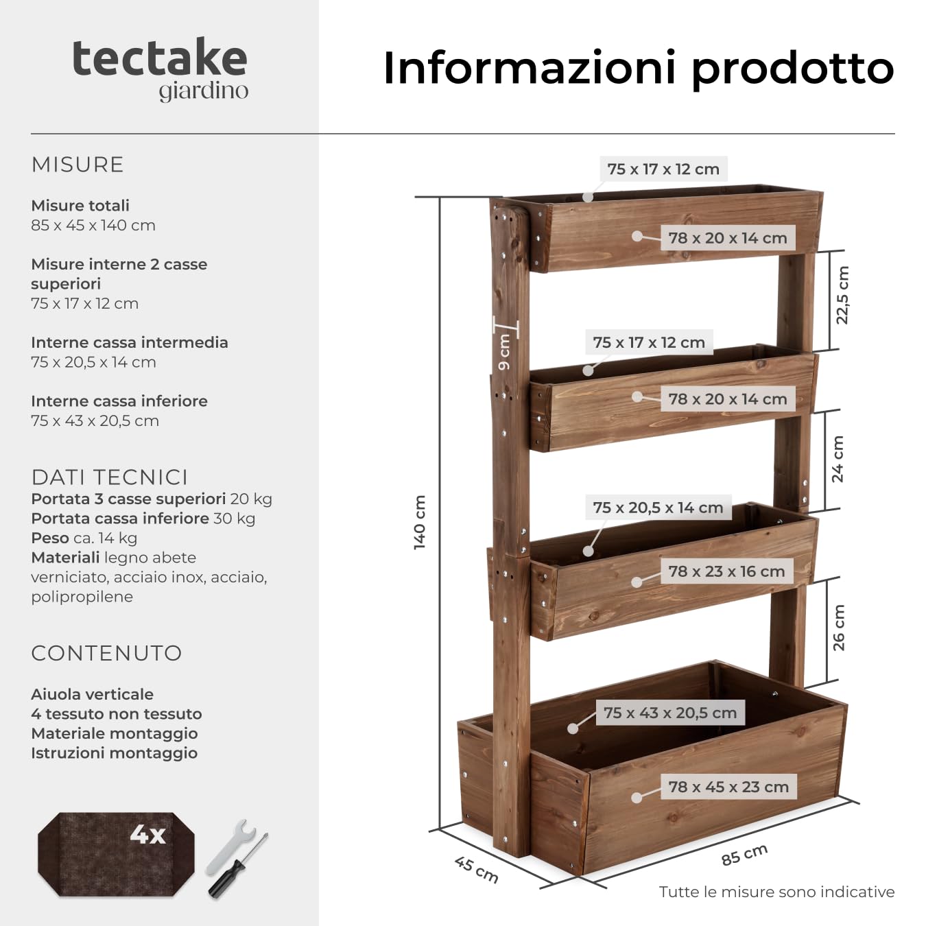 tectake® giardino verticale, fioriera da esterno in legno, orto verticale, giardino verticale, per erbe aromatiche, fiori, verdure, fioriera da balcone, porta piante85 x 45 x 140 cm - Marrone