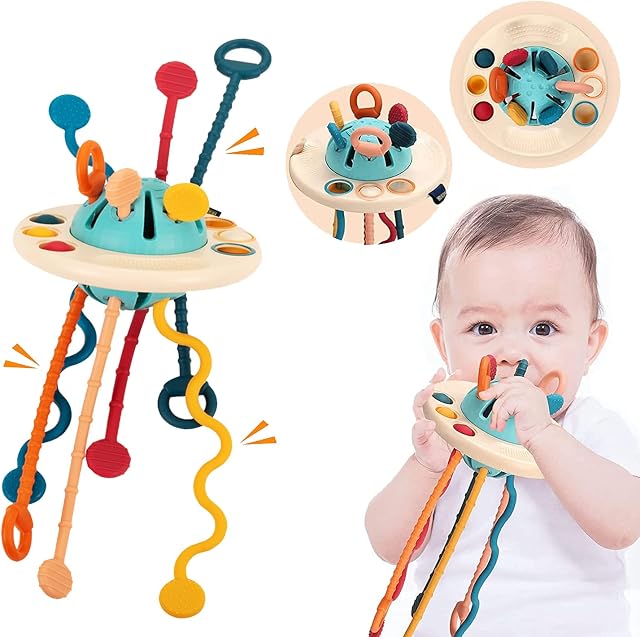 Montessori zabawka dla niemowląt od 18 miesięcy, silikonowy sznurek do ciągnięcia, zabawka sensoryczna dla małych dzieci, zabawka podróżna, precyzyjna motoryka, zabawka edukacyjna dla 1-3 chłopców i