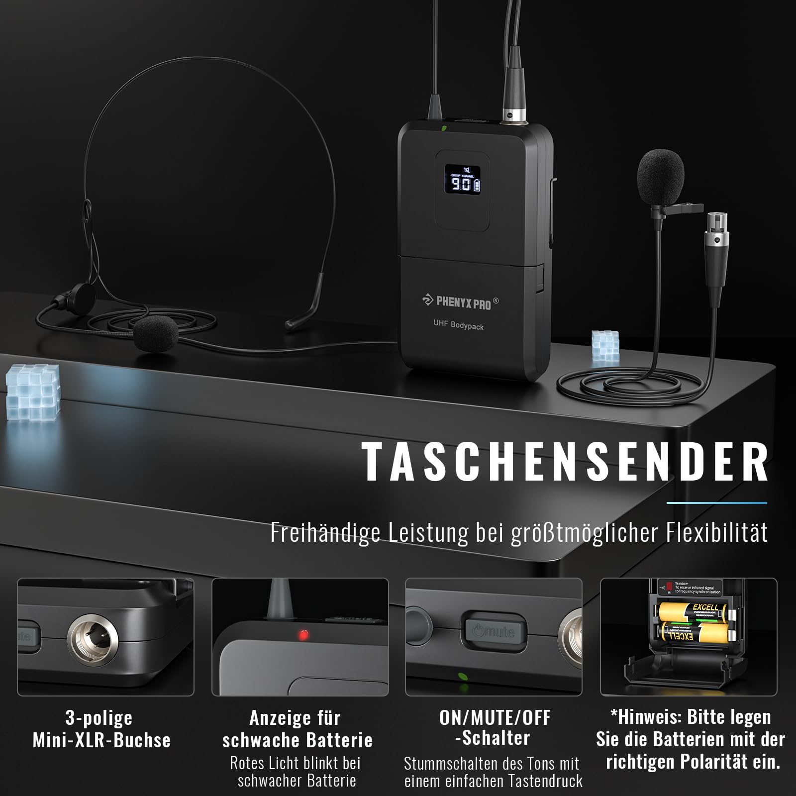 Phenyx Pro 4-Kanal Kabelloses Mikrofon-System mit Handheld PTU-7000-2H2B | Bodypack, Headset und Lapel Mics - 4x40 Kanäle wireless mikrofon, Auto Scan, 328ft Reichweite - Ideal für Karaoke und Gesang