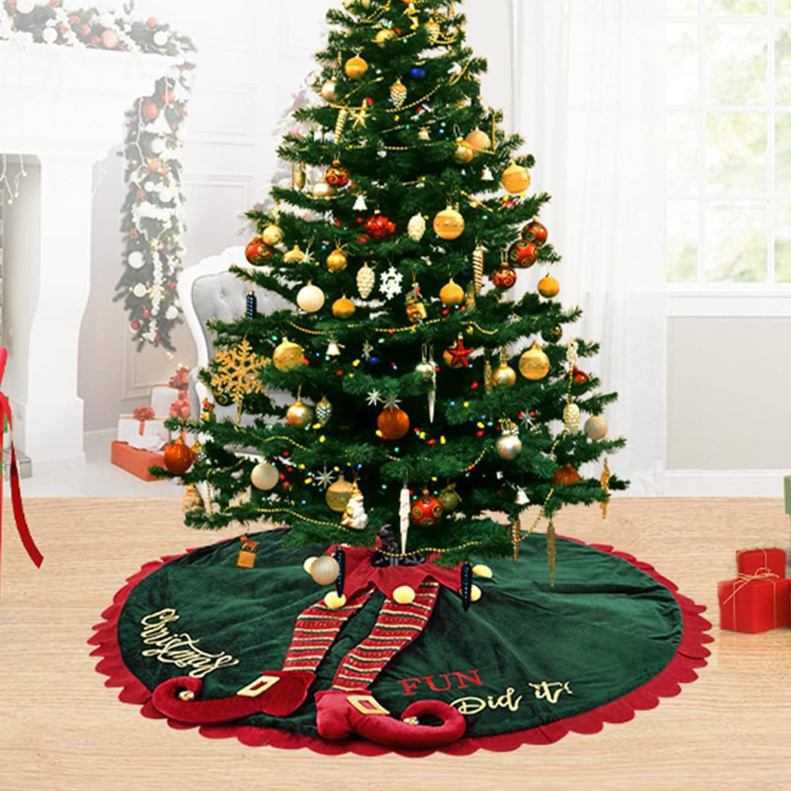 Gonna per albero di Natale, 124,5 cm, verde e rosso, copertura in velluto per albero di Natale con gambe di elfo, decorazione per interni ed esterni