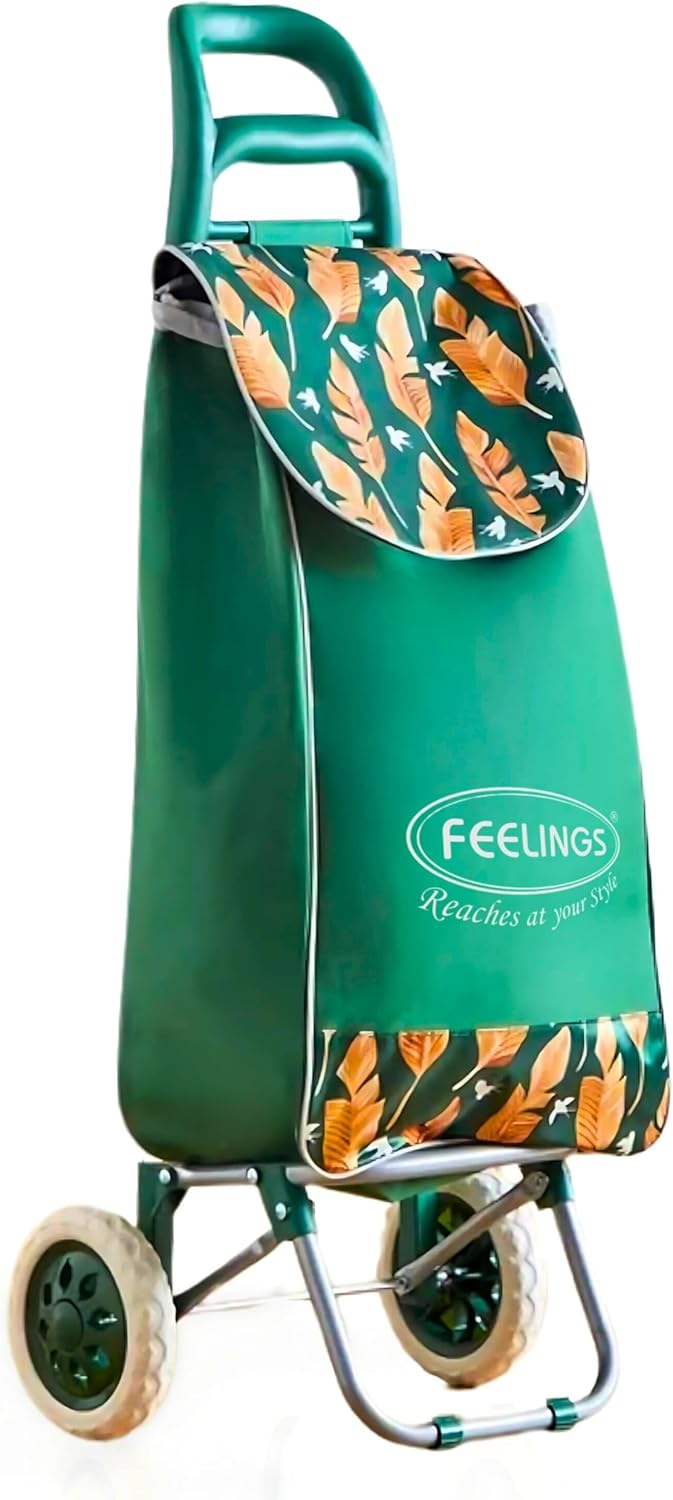 FEELINGS Folding Essential Shopping Trolley – Wheels Green Leaf | Fabric Luggage Bag | Shopping Cart | Portable Trolley Foldable With Wheels for Grocery, Fruits, Vegetables