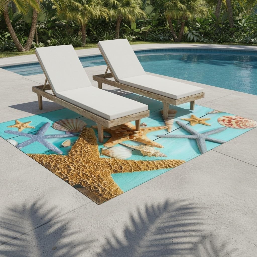 Aqua Blue Wood Texture Ocean Theme Indoor Outdoor Rug for Backyard Balcony Patio Deck Pool Brown Starfish Shells Outdoor Area Rug 5x8 Machine Washable Waterproof Camping Rv Picnic Floor Carpet Mat