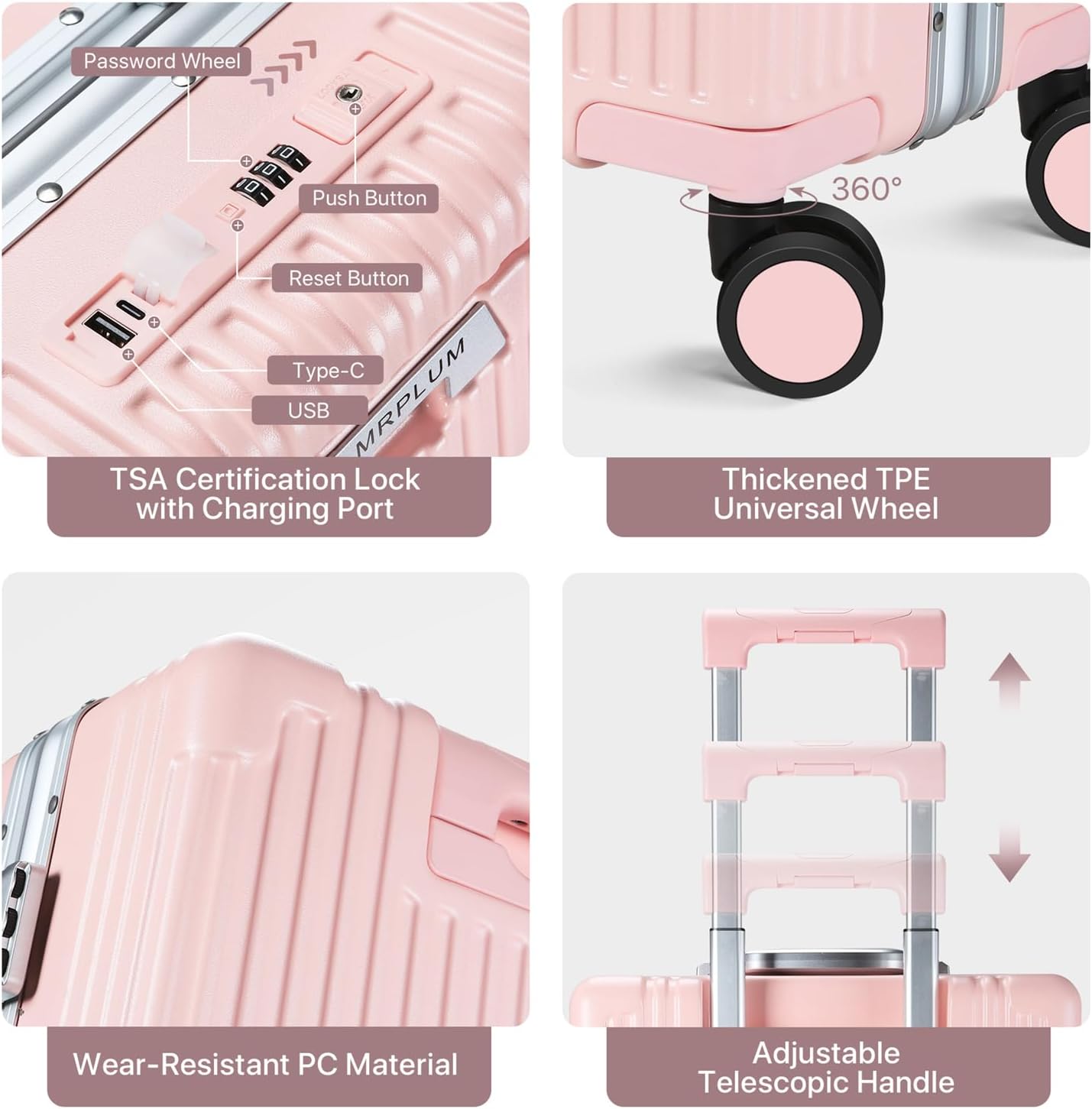MRPLUM Front Pocket Carry On Luggage,Aluminum Frame PC Hardside Spinner Wheel Suitcase with TSA Lock,Cup Holder,Phone Holder&USB Charging Port,Pink(1 Piece) - Image 4