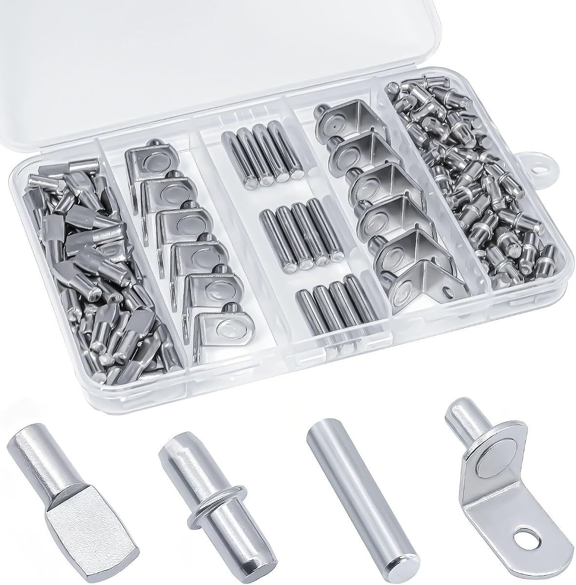 120Pcs Shelf Pins Kit,4 Styles Nickel Plated Shelf Support Pegs,Plated Shelf Pins Holders for Bookcase Kitchen Closet Shelf Shelves Furniture Cabinet,5mm (1/4 inch) cabinet shelf pegs
