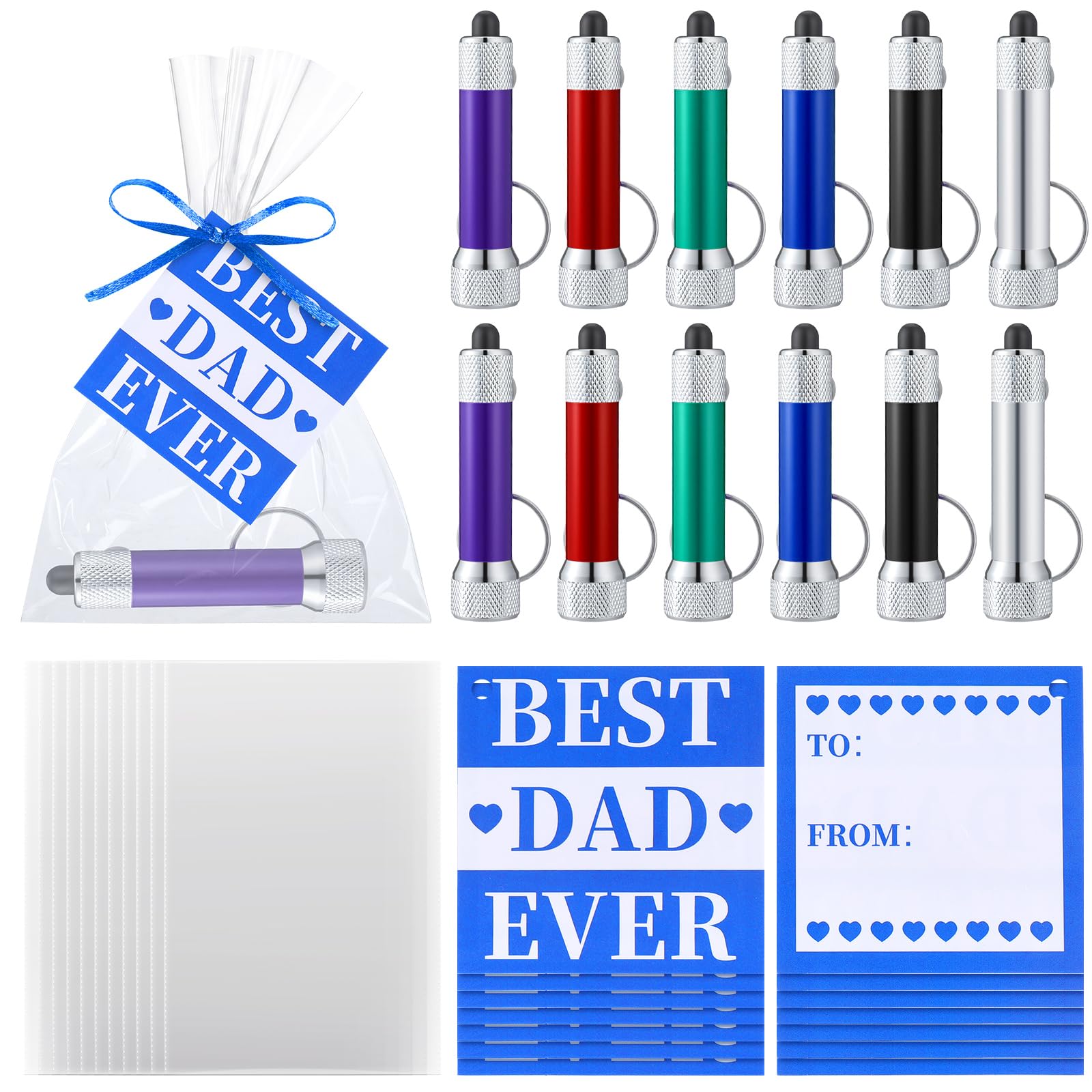 Tujoe 36Pcs/12 Set Father's Day Gifts Bulk Best Dad Ever for Men Daddy from Son Daughter Including 12 LED Flashlight Keychains 12 Best Dad Ever Cards 12 Bags for Fathers Day Gift