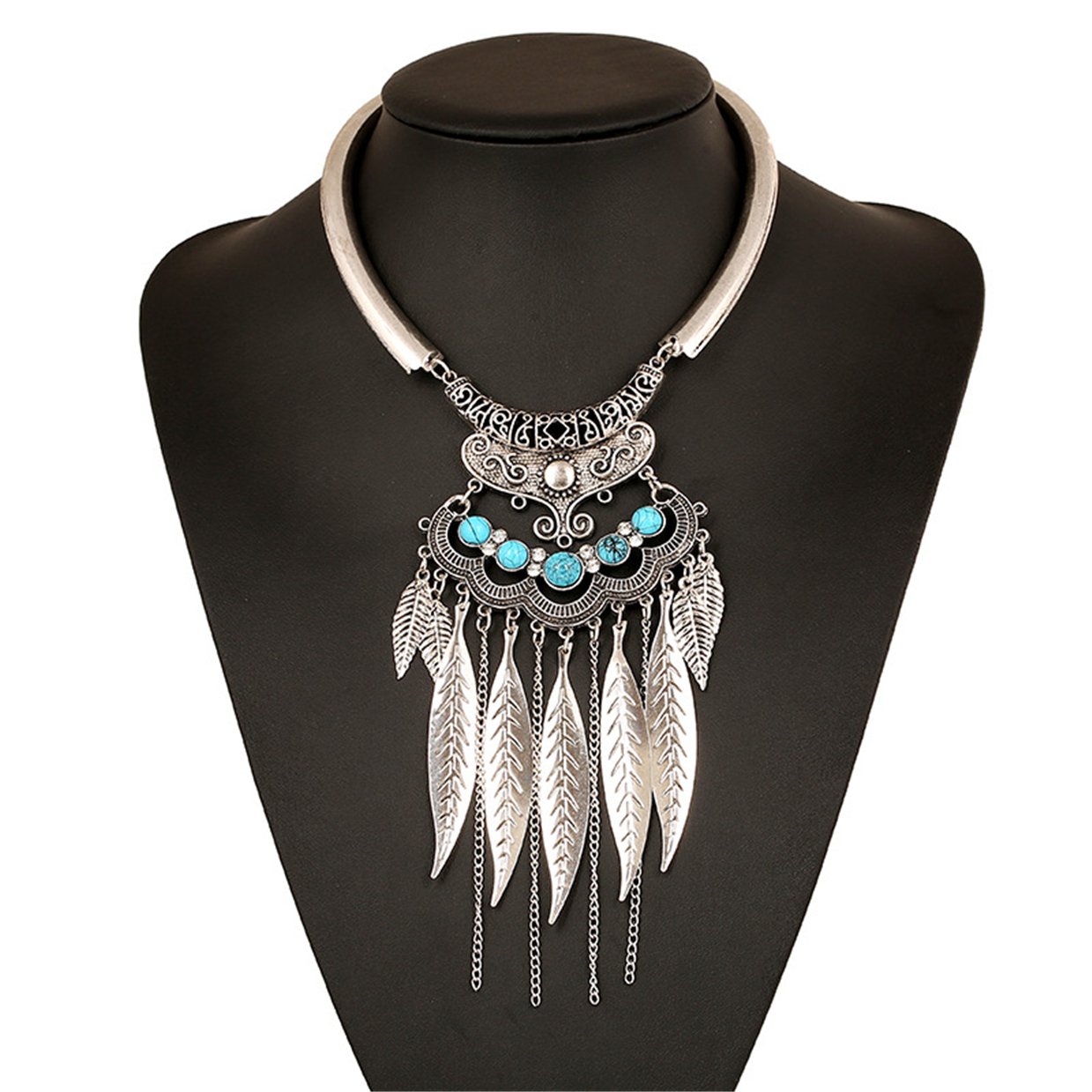 Women Vintage Leaf Tassel Choker Collar Pendant Turquoise Necklace Bohemian Gypsy Jewelry (Silver)