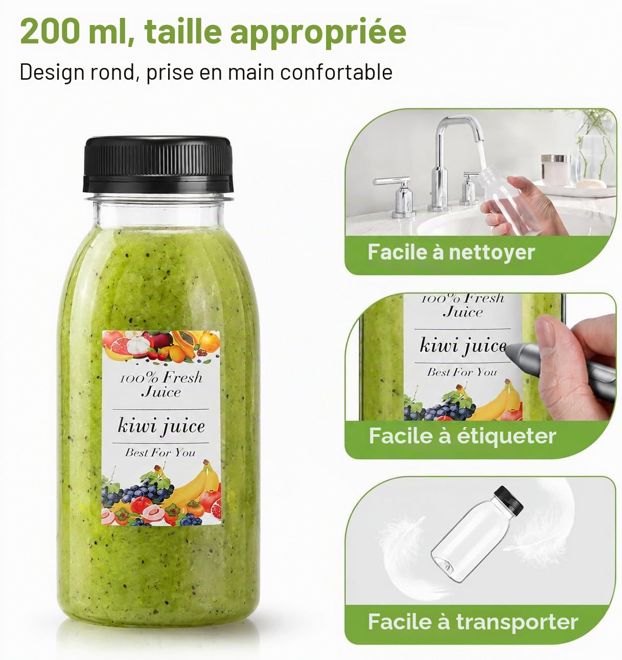 Lot de 8 bouteilles de jus en plastique sans BPA de 200 ml avec couvercles inviolables, idéales pour les fêtes, les pique-niques, les activités de plein air