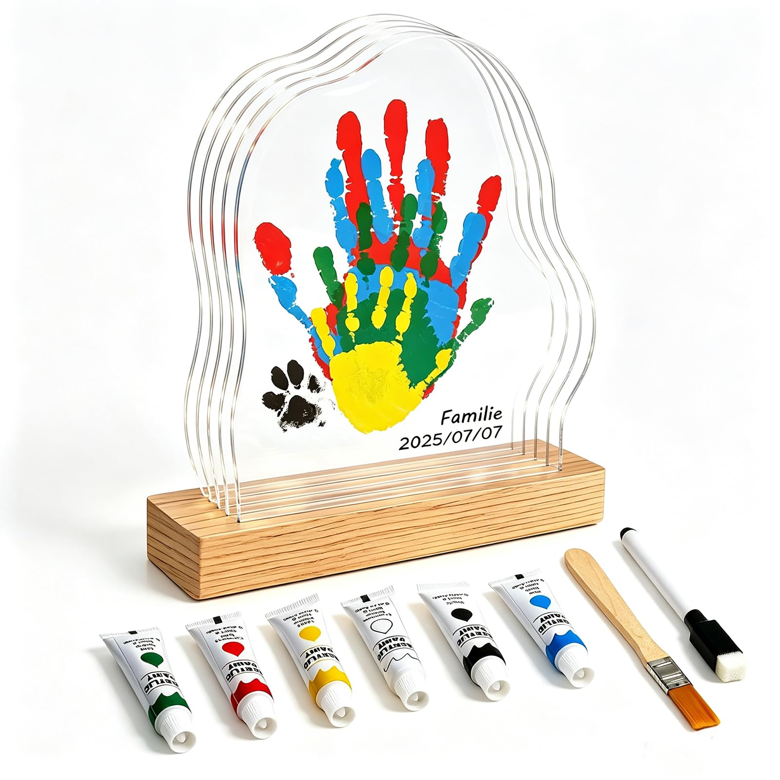 Lrregular shapes Family Handprint Kit Clear DIY Craft Keepsake DIY Hand & Footprint Kit with Wooden Frame, 5 Panels & 6 Paints Perfect as New Baby Gifts, New Mum Gift and Family Gifts Original patent
