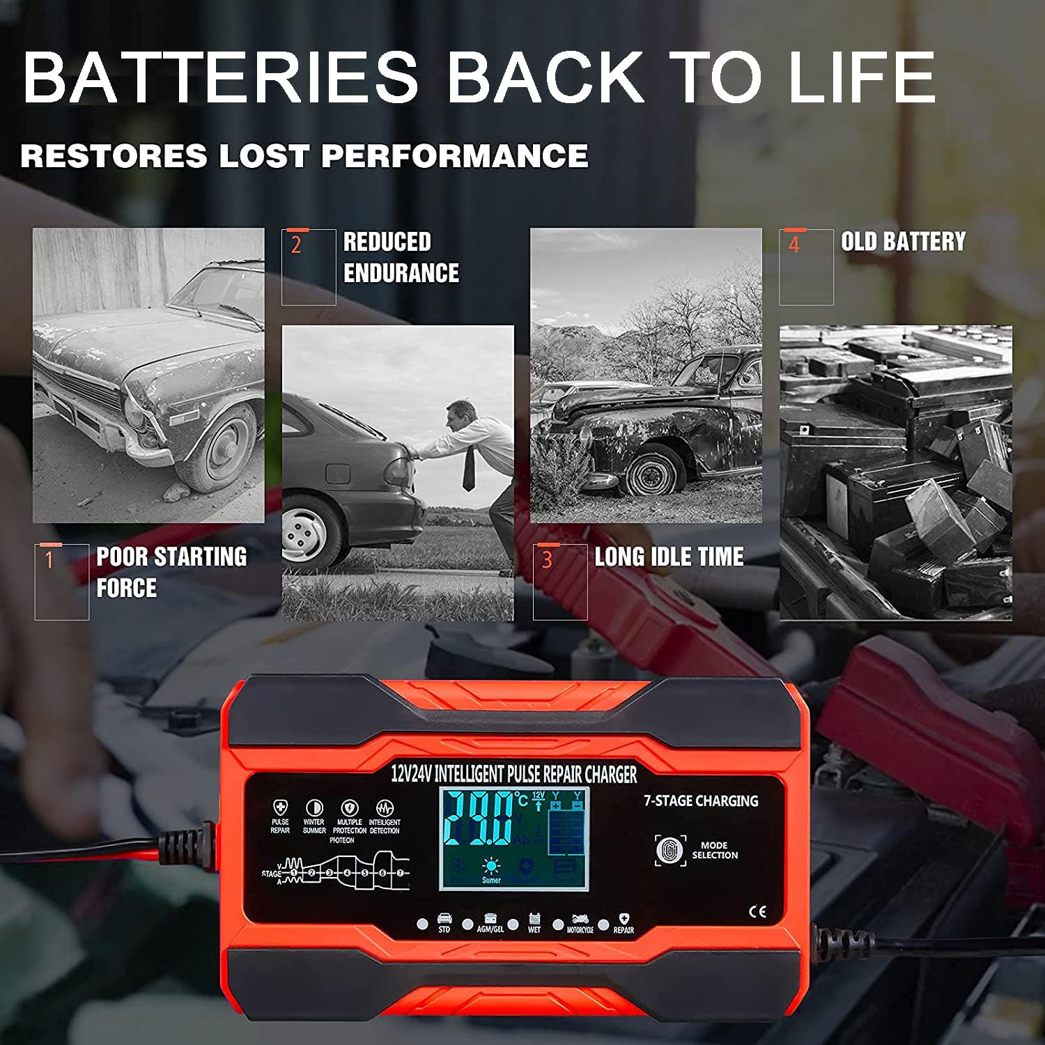 10A Autobatterie Ladegerät, 12V/24V Smart vollautomatische Batterie Ladegerät mit 7-Stufiger Ladung und LCD-Bildschirm Batterie Ladegerät, geeignet für AGM, Wet und Gel-Blei-Säure-Batterien