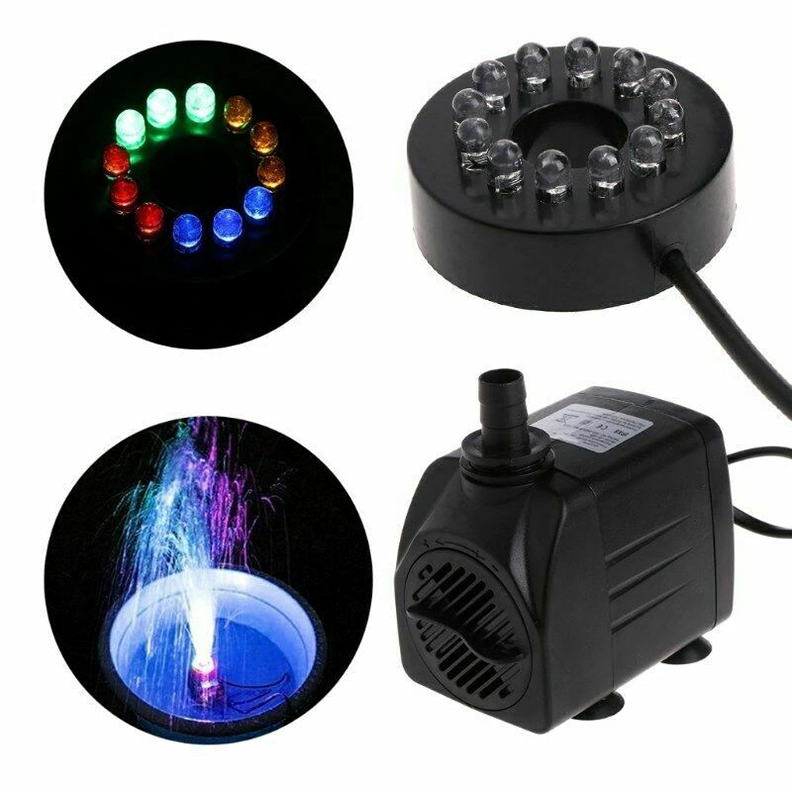 Nimomo Bomba Sumergible para Estanque, Bomba de Agua para Fuente Eléctrica con 12 Luces LED, Bomba Sumergible para Piscina y Jardín, 15 W (Enchufe de la UE)