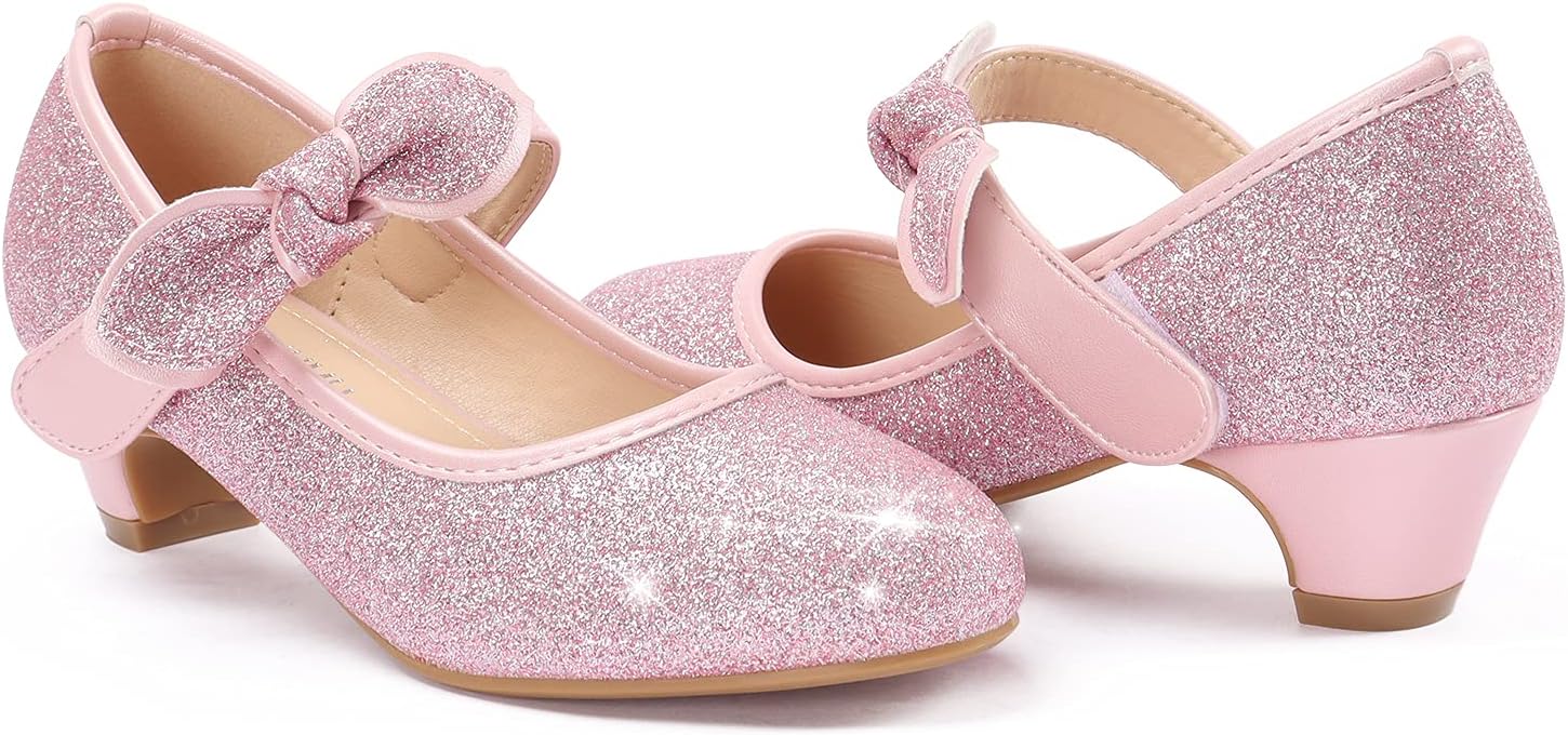 ADAMUMUGirls Dress Shoes Princess High Heel Mary Jane Glitter Shoes in Wedding Party for Toddler Little Big Girl with Bowknot Flower Velcro