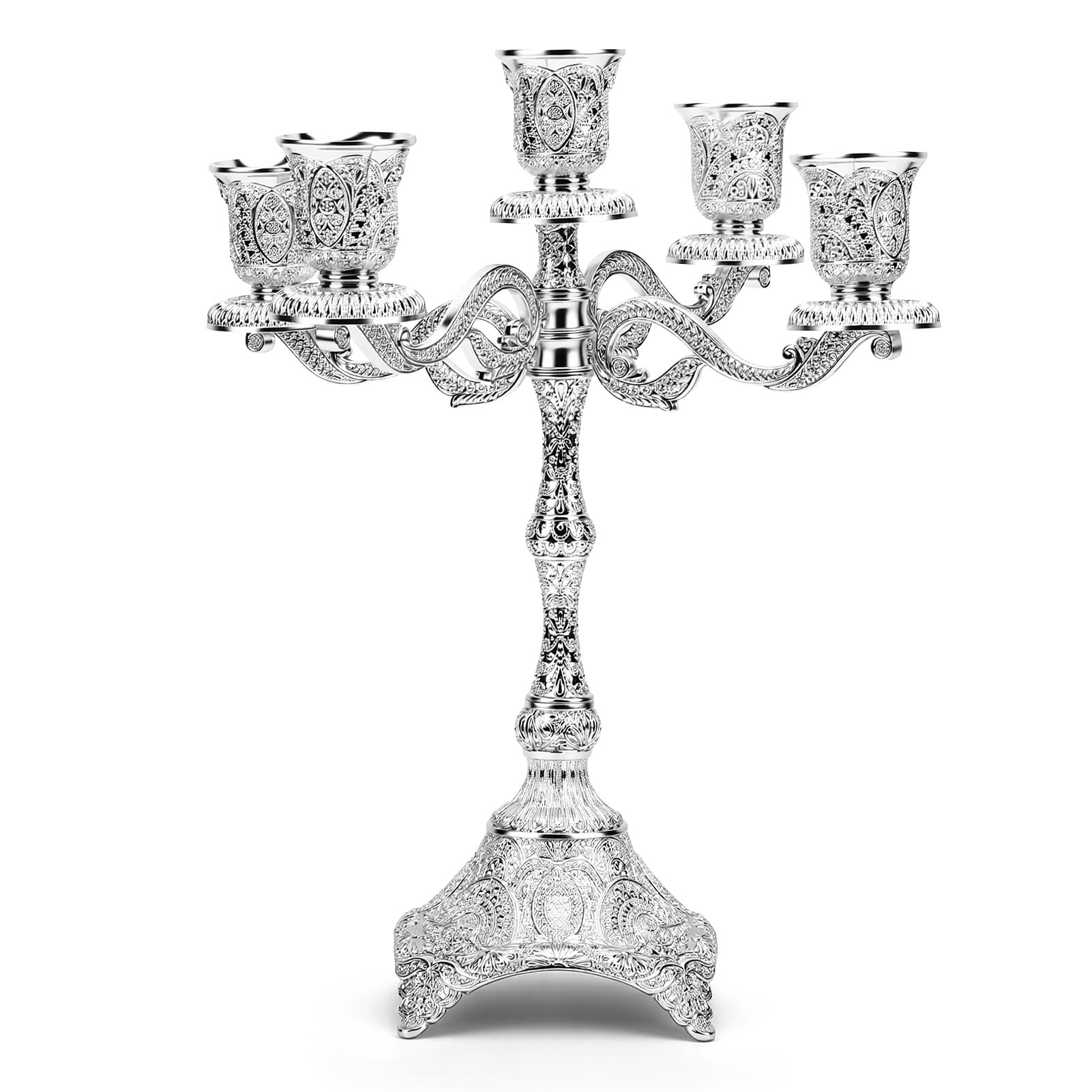 5 Arm Metal Candelabra Candlestick Holders, 12.2 Inch Tall Candlestick Holders, Metal Candelabra Candle Holder, Retro Candlestick Table Centerpieces for Party, Home, Wedding (silver)