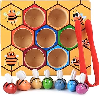Toddler Fine Motor Skill Toy, Bee to Hive Matching Game, Montessori Wooden Color Sorting