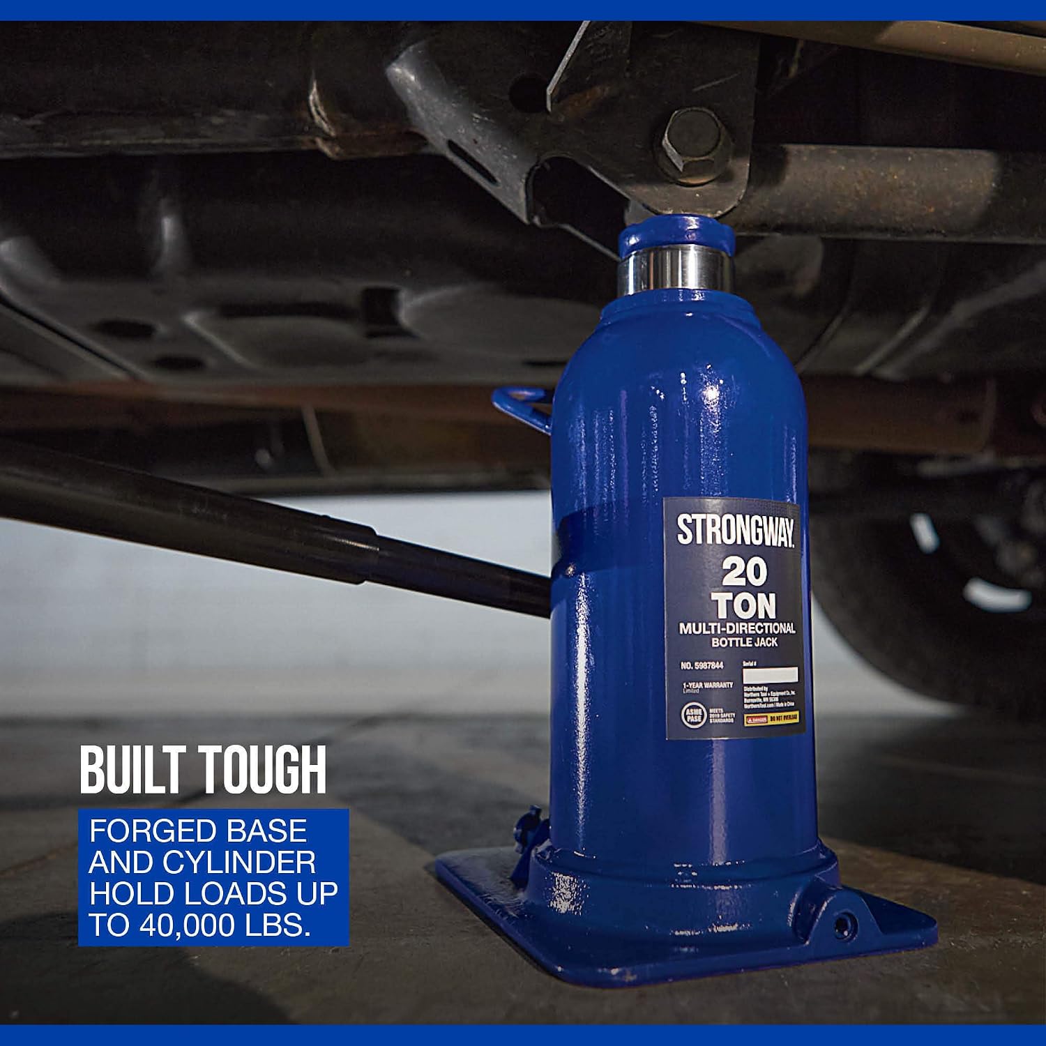 Strongway 20-Ton Multidirectional Bottle Jack lifting a vehicle