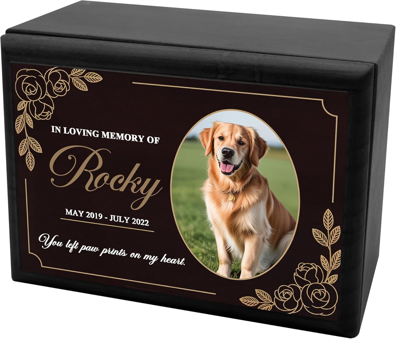 Personalized Wooden Urns for Dog Ashes - Custom Cremation Urn for Dogs up to 86 lbs - Add Your Pet Photo and Text - Custom Burial Memorial Keepsake - Black Design 6