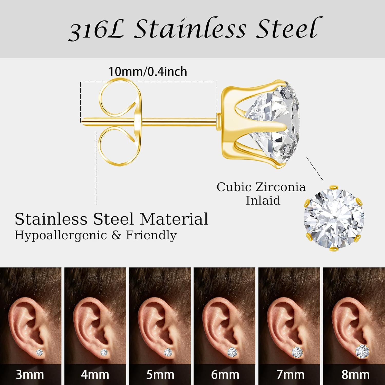 ONESING 12 Pairs Black Stud Earrings for Men, Round and Square Mens Earrings Stud Stainless Steel Mens Black Earrings for Multiple Piercings 3-8mm