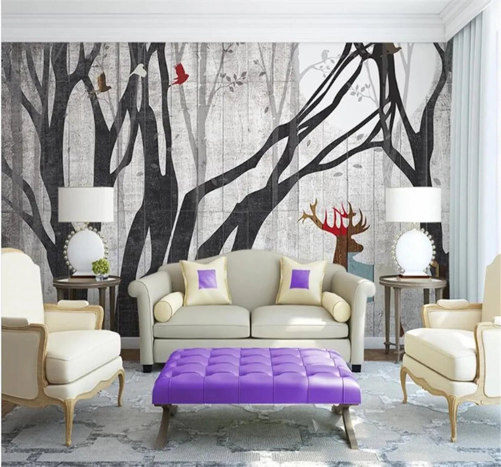 Tzxztt Abstract Wood Grain Forest Reindeer Birds Modern 3D Wallpaper Premium Textured Silk Neutral Tones Material Ideal for Living Room Bedroom-400cm×280cm