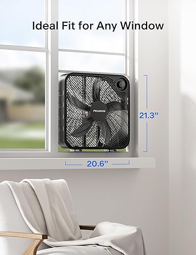 Miniatura 6 de PELONIS Ventilador de caja de 20 pulgadas para dormitorio: 3 velocidades, 25 pies/s, ventilador de piso, ventilador de ventana, ventilador de mesa