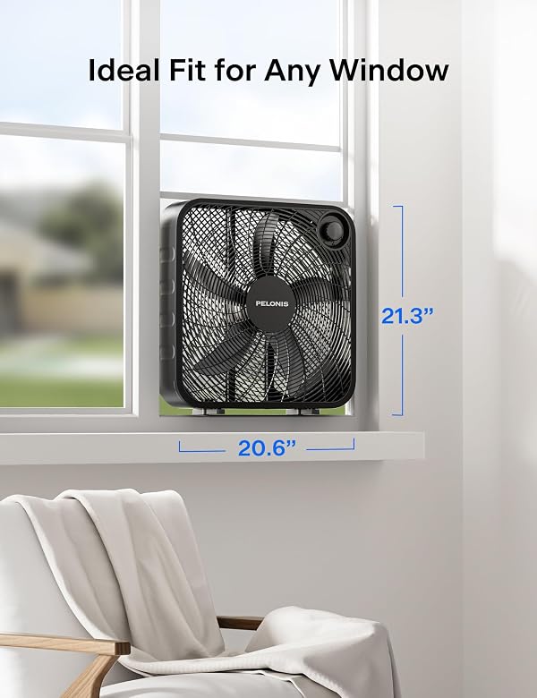 PELONIS 20 Inch Box Fan for Bedroom– 3 Speeds, 25ft/s, Floor Fan, Window Fan, Table Fan, Desktop Fan with Superior Air Throw (2295 CFM), Lightweight, 5 Blades, suitable for Office, Living Room, Garage by PELONIS - Used condition - Image 3