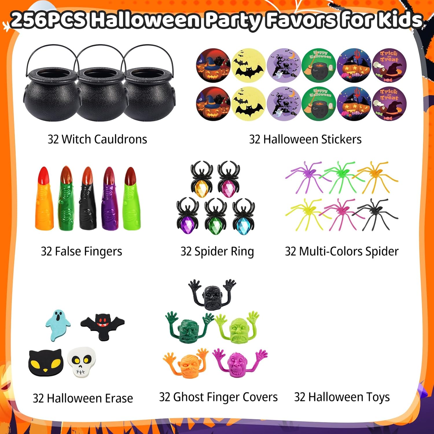 256PCS Halloween Party Favors, 32 Pack Prefilled Small Plastic Witch Cauldron with Halloween Toys in Bulk, Prefilled Halloween Goodie Bags, Goodie Bag Stuffers, Trick or Treat, Prizes Gifts