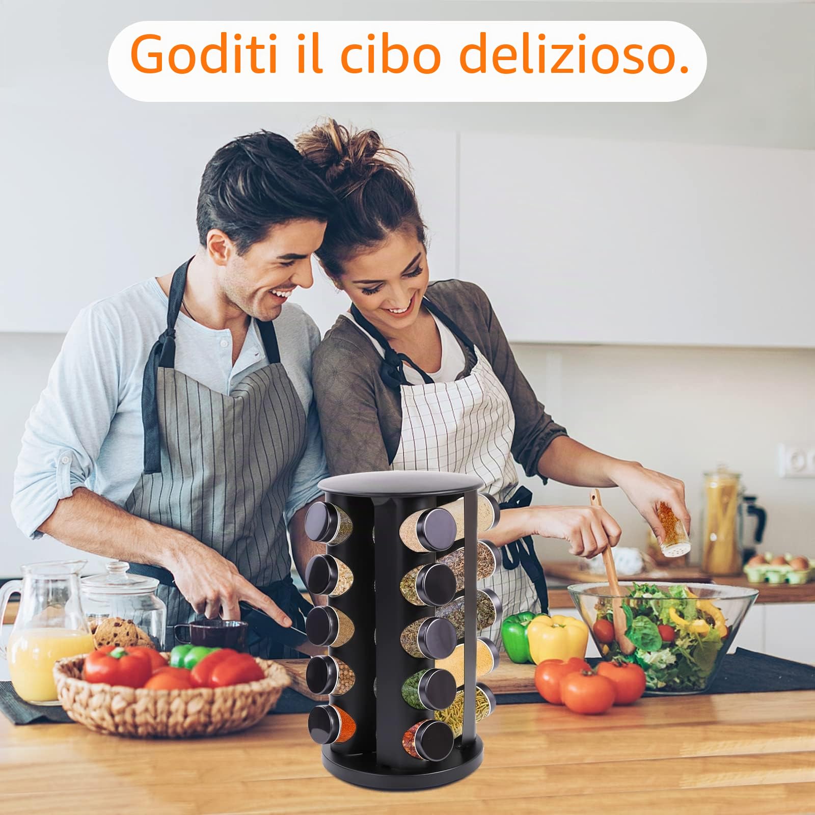 Carosello per Spezie a 360°, Portaspezie Girevole con 20 Barattoli, Etichette, Penna, Imbuto, Coperchio, Organizzatore di Spezie in Acciaio Inossidabile per Piano di Lavoro, Nero