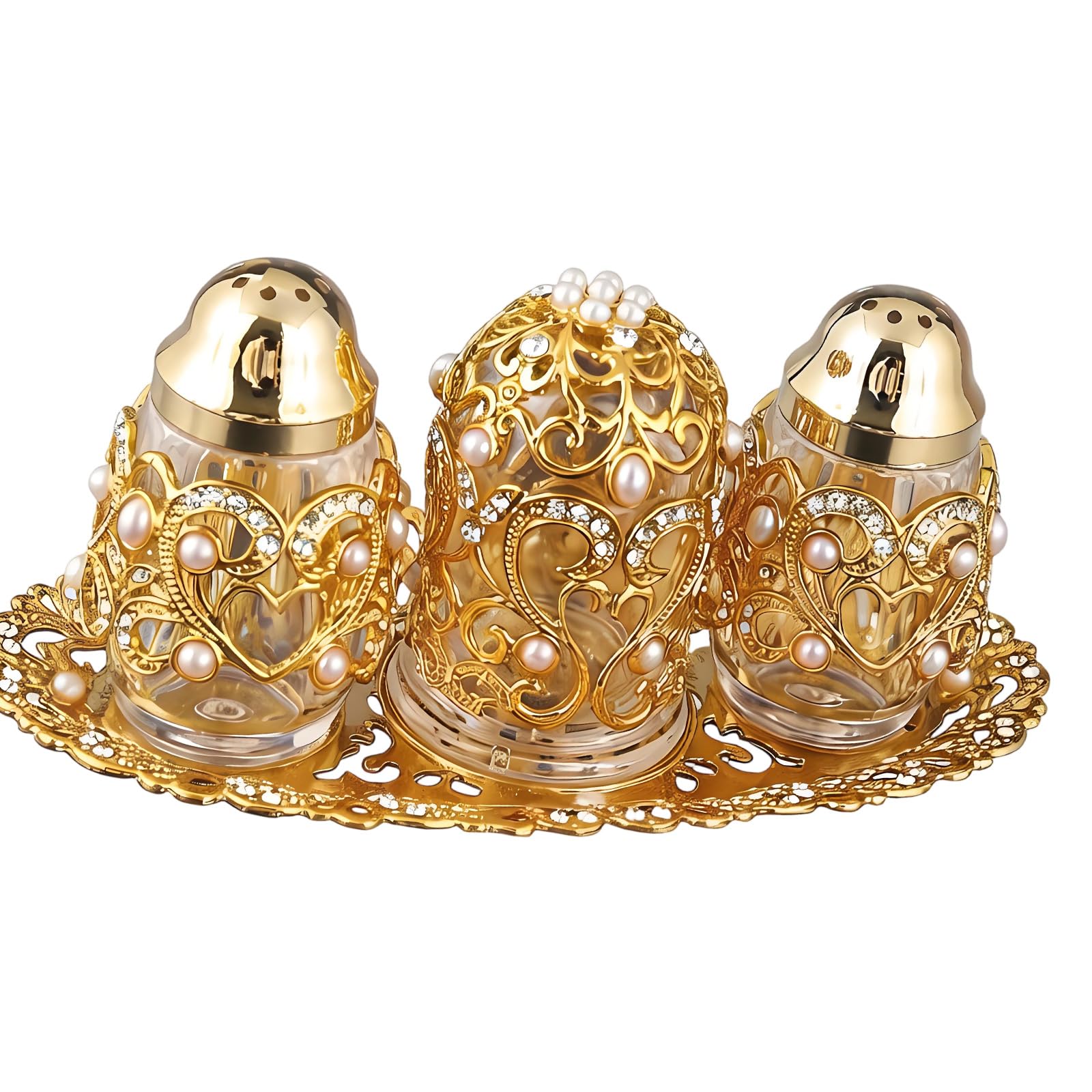 Elnwnnkc Gold Hollow Pearls Salts and Peppers Shaker Set with Glass Bottles Seasoning Jar for Kitchen Decoration Golden Hollow Out Seasoning Jars
