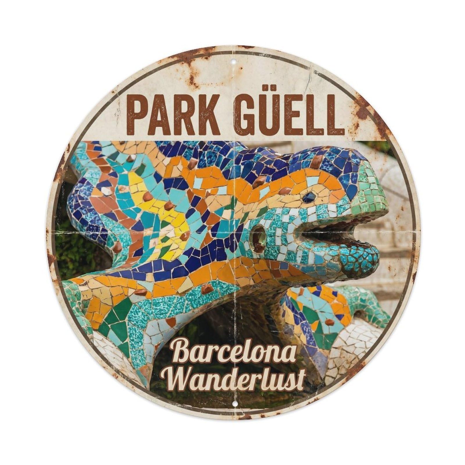 Barcelona Mosaic Dragon Park Vintage Spain Travel Landmark Metal Tin Sign Plaque Wall Decor for Cafe, Man Cave, Club Bar, Office, Home Garden Round Metal Poster 8x8Inch