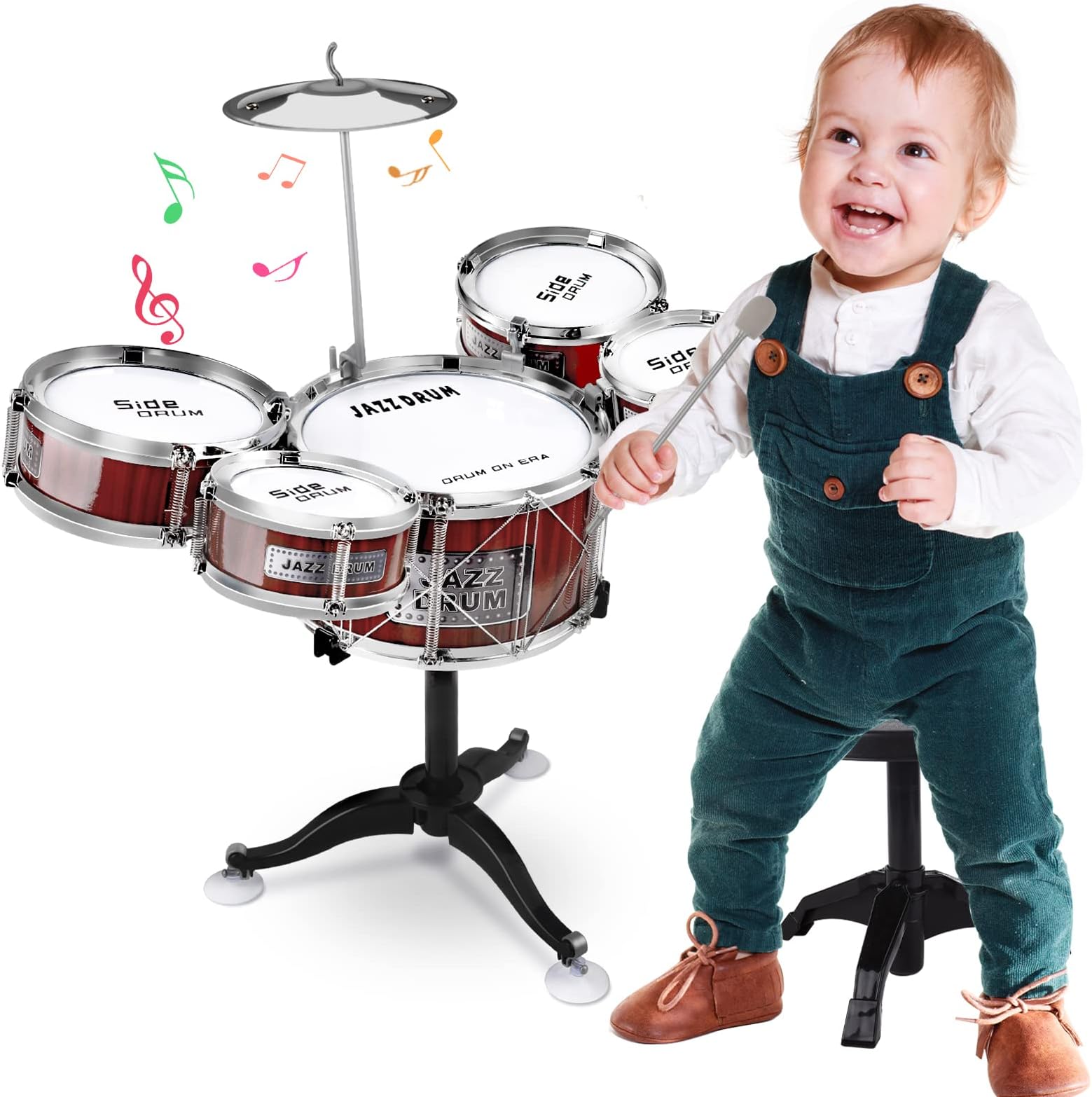 Kids Drum Kit,Toddler Jazz Drum Set 8 Piece with 5 Drums and 1 Cymbal & 2 Drumsticks Rock Baby Drum Kit Educational Percussion Musical Instruments Xmas Gift for Beginners Boys Girls - Metallic Red