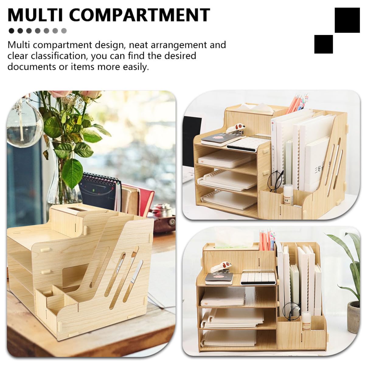 Veemoon Organisateur de Documents Design Épaissi Grosse Capacité et Compartiments Multiples en Bois pour Rangement de Bureau et Espace de Travail Organisé