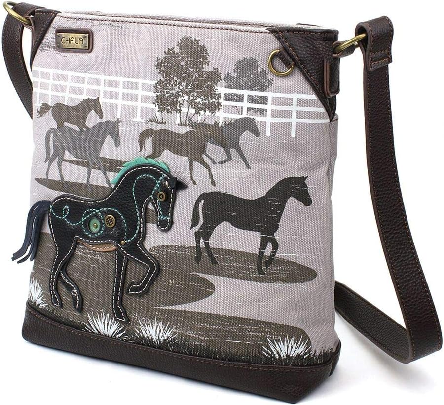 Chala Handbags Safari Horse Canvas Crossbody Bag Purse, Horse Lover (Gray)