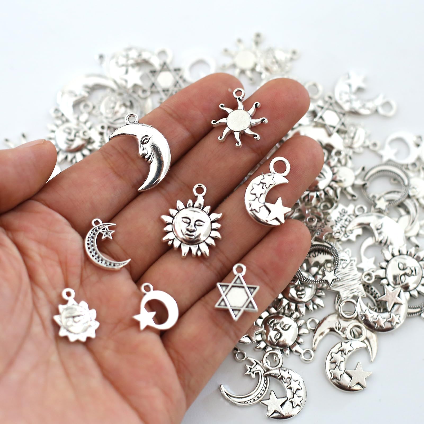 HERZWILD 120g Charms Pendants Mixed Antique Silver Sun Moon Stars Charms Pendants for Crafting Jewelry Making Accessory for DIY Necklace Bracelet(Sliver Charms) - Image 2