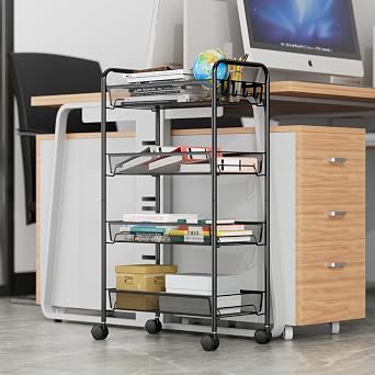Rolling Cart Storage Trolley - 4 Tier Kitchen Storage Organizer Utility Cart Full Metal Basket Storage Art Trolley Carts with Wheels & 4 Side Hooks (Black)