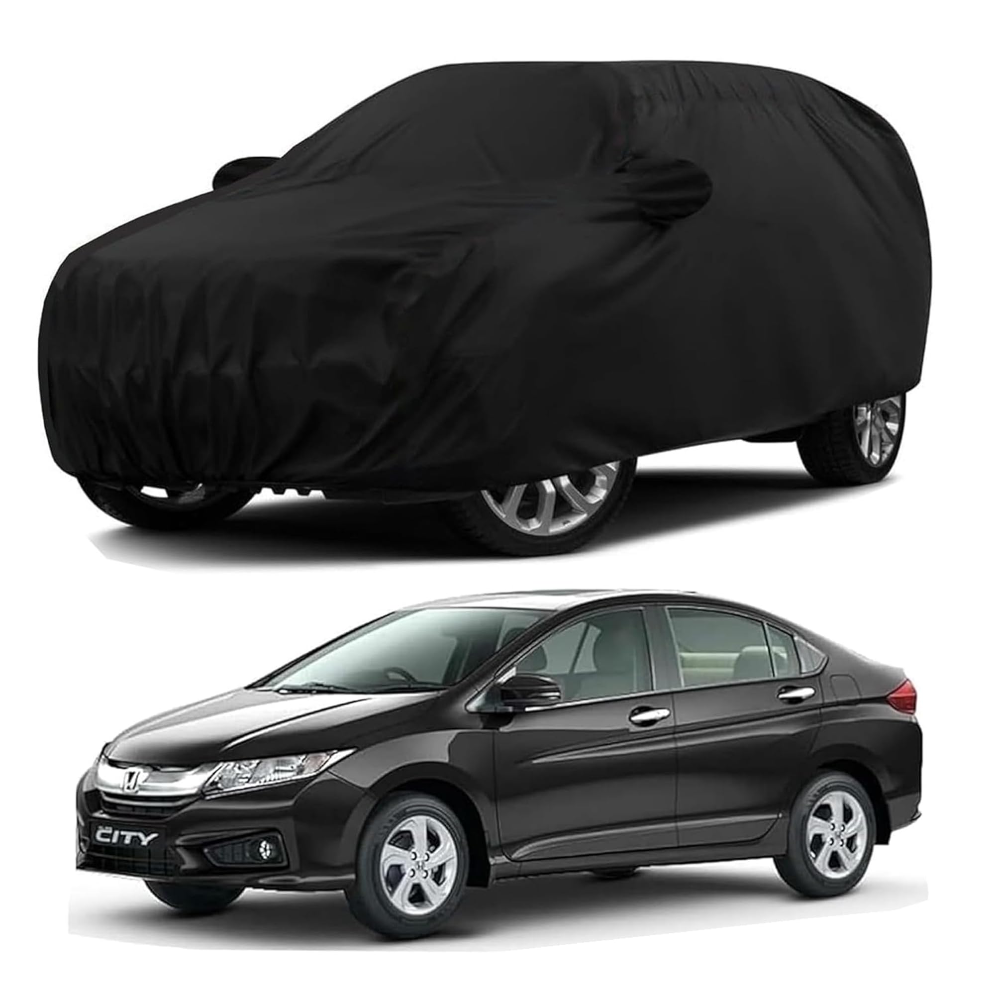 Sulfar 100% Water Resistant Car Body Cover Compatible with Mirror for Honda City i-VTEC (Triple Stitched, Full Bottom Elastic, Black)