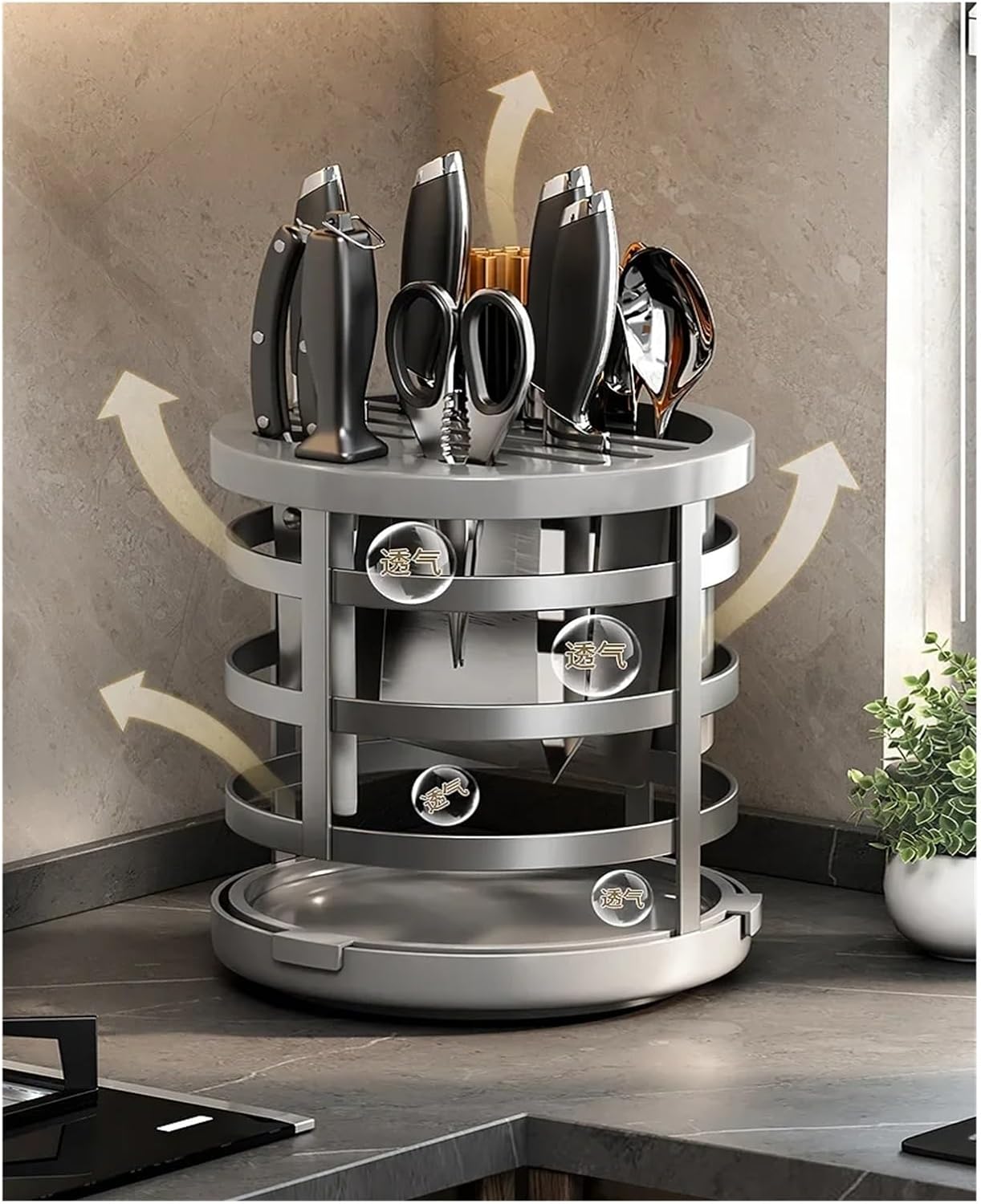 360 °Rotation Knife Holder Stainless Steel Cutlery Organizer Rack Stand Tableware Draining Storage Box Kitchen Accessories