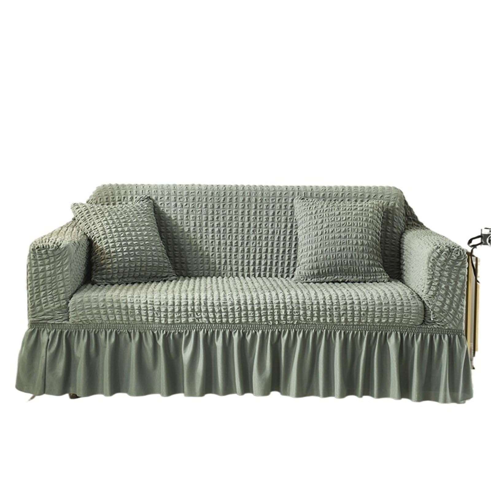 SUBLXPoten Sofa Cover with Skirt Skirt 1/2/3/4 Seater Sofa Cover 90-300cm Full Package Single Universal Elastic Slipcovers(Green,2 Seat (145-185cm))