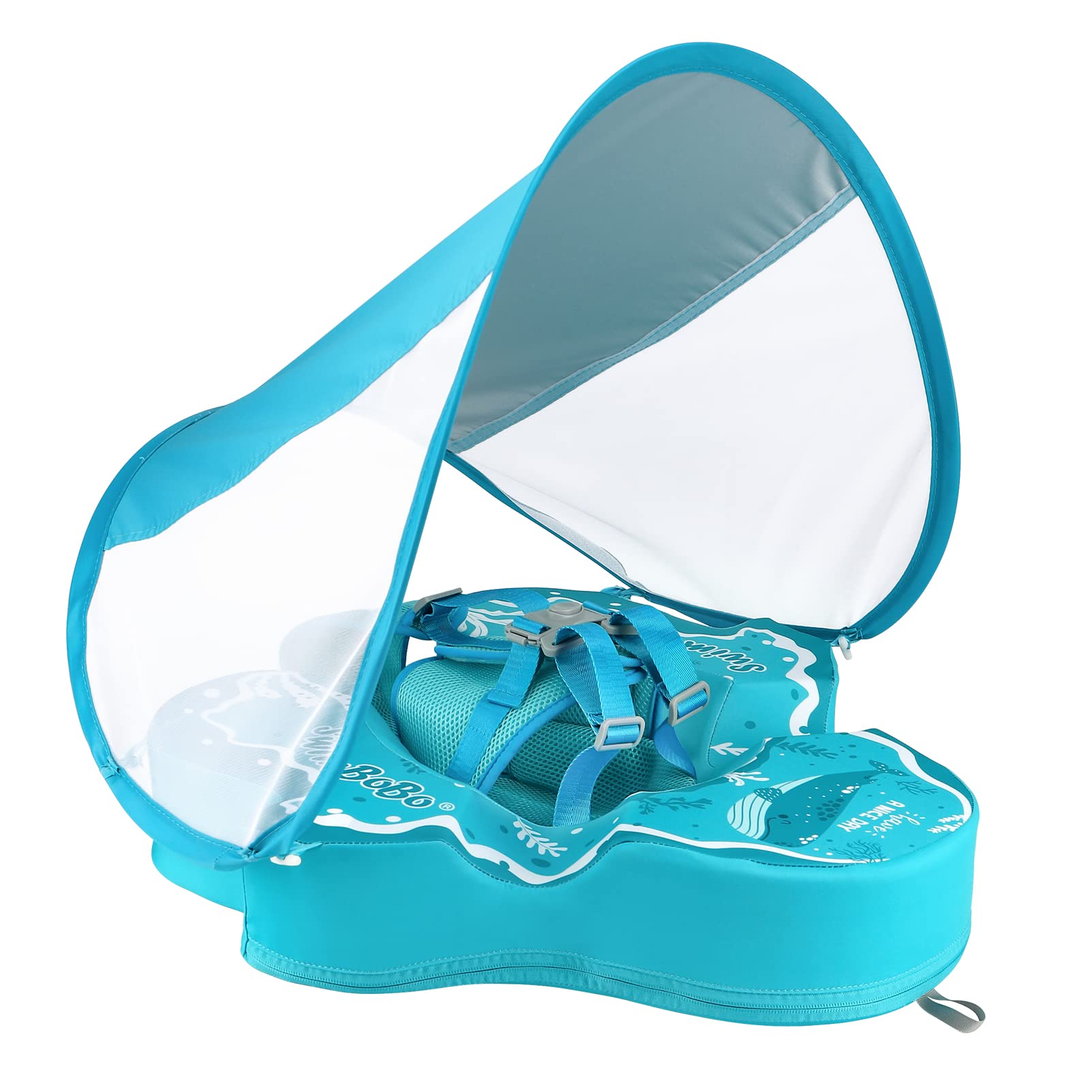 Inflatable Baby Swimming Float with Safe Bottom Support and Retractable Fabric Canopy for Safer Swims