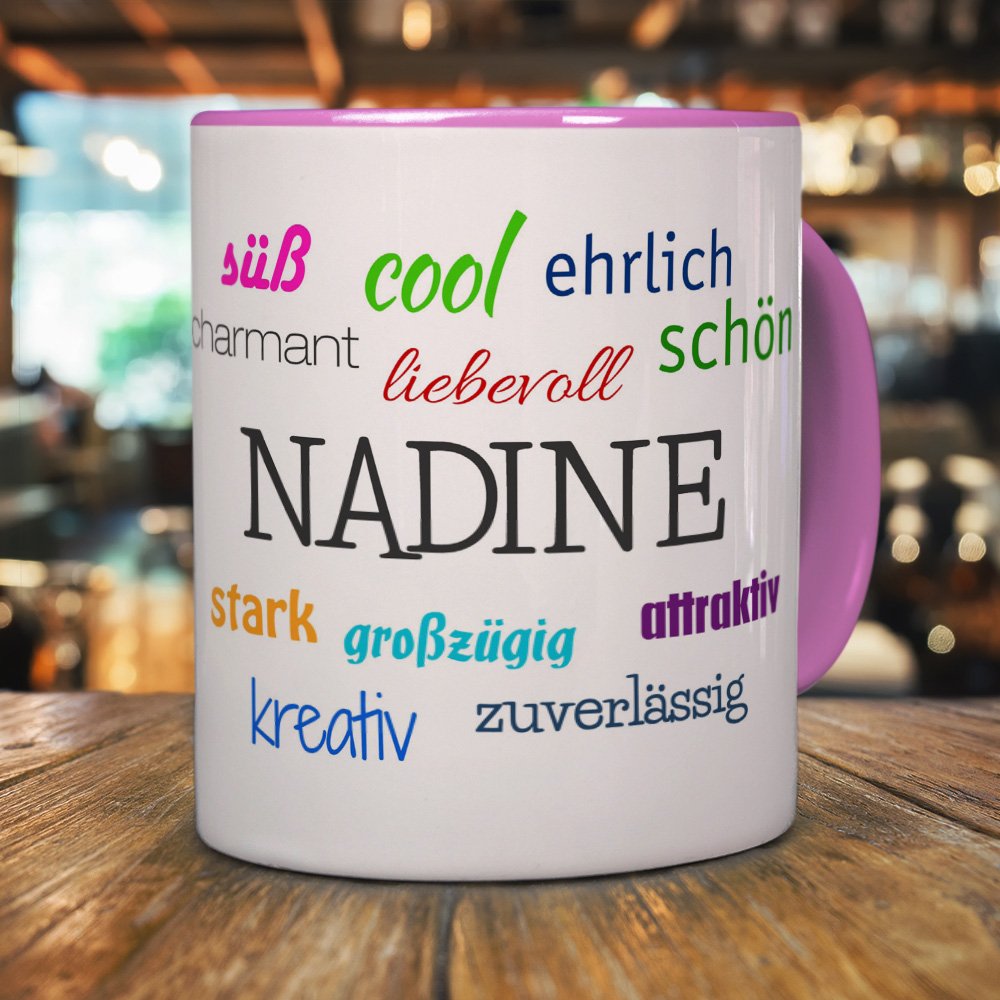 Personalisiert Tasse 'Nadine' – Kaffeebecher Mit Namen & Positiven Eigenschaften, Rot, 325 Ml, Spülmaschinenfest