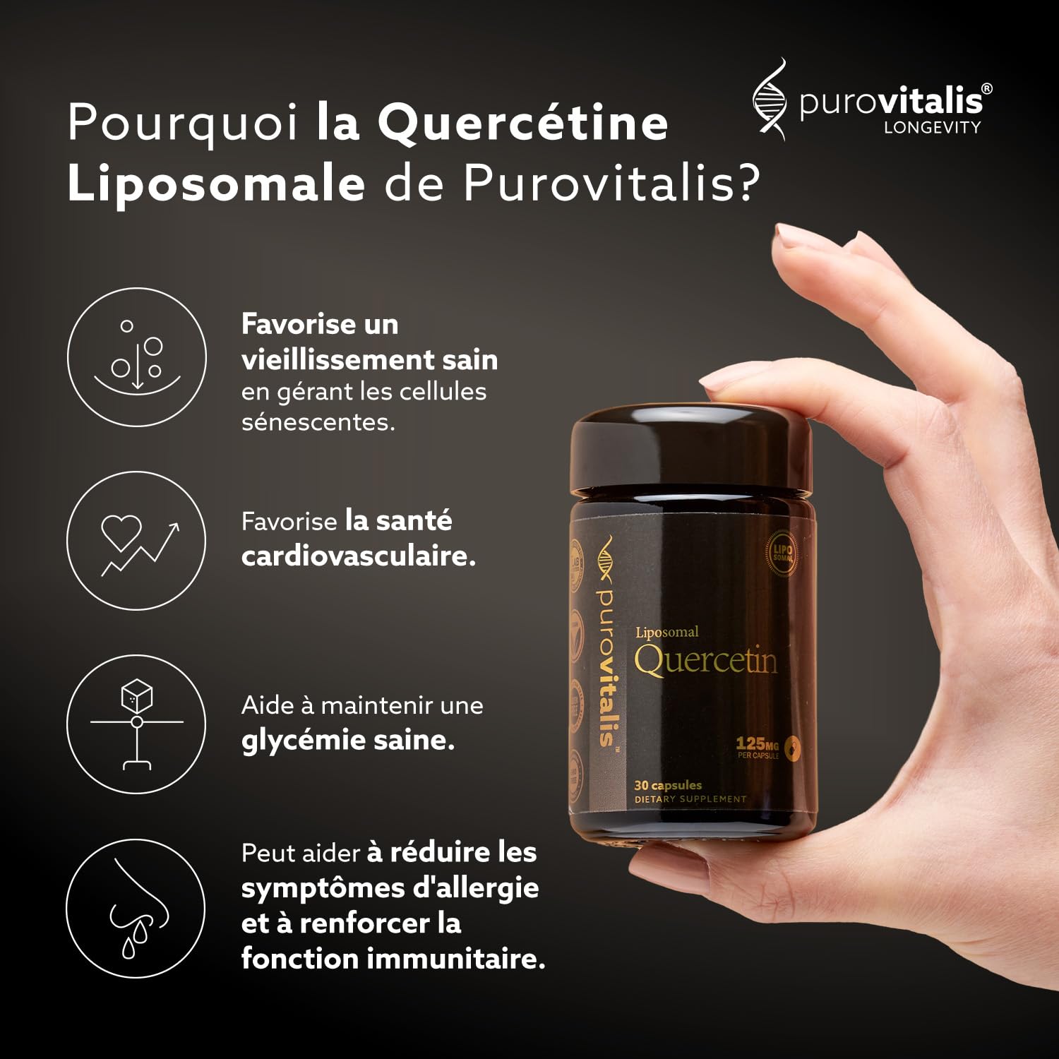 PUROVITALIS Quercétine Liposomale 125mg, 99% pure, 30 Gélules | Flavonoïde antioxydant de Sophora japonica, 99% pur; réponse immunitaire; cure 1 mois, sans gluten, GMP, vegan