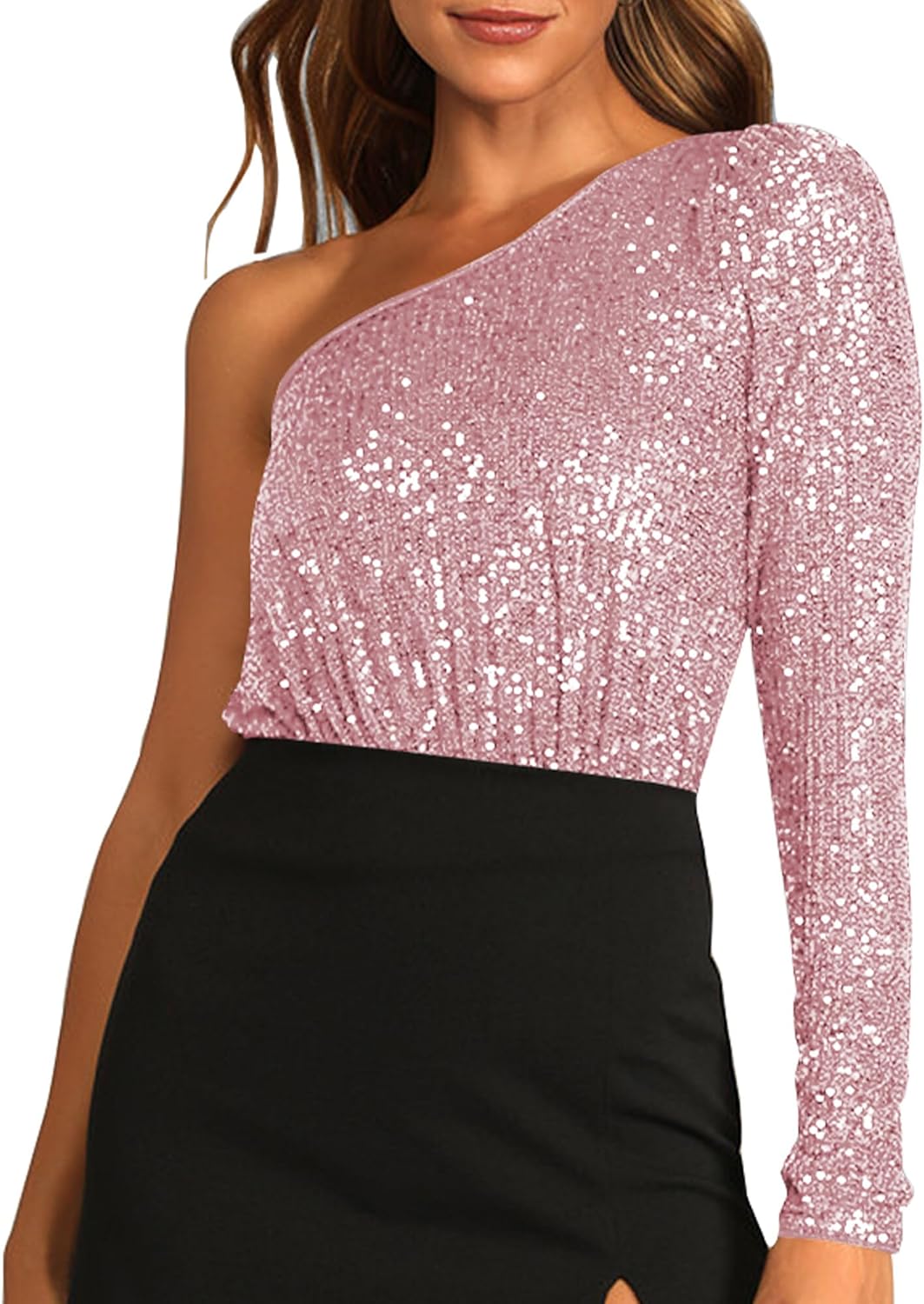 FEOYA Women's Sexy Sequins Top One Shoulder Bodysuit Sparkle Glitter Jumpsuit Elegant Evening Cocktail Party Dressy Tops Shimmer Long Sleeve Leotard Top Pink L
