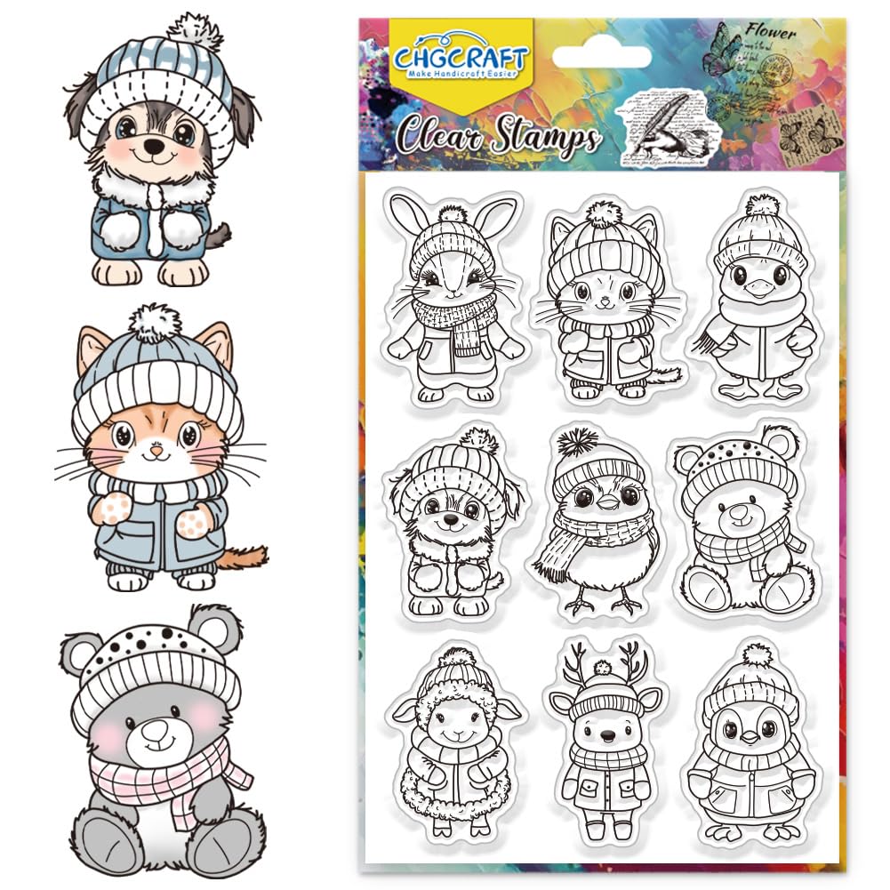 CHGCRAFT Animals Clear Stamps Warm Clothes Transparent Silicone Stamps Rabbits Cats Clear Stamp Seals Winter Theme Silicone Stamps for Card Making Decor Scrapbooking Album Decor Paper DIY Craft