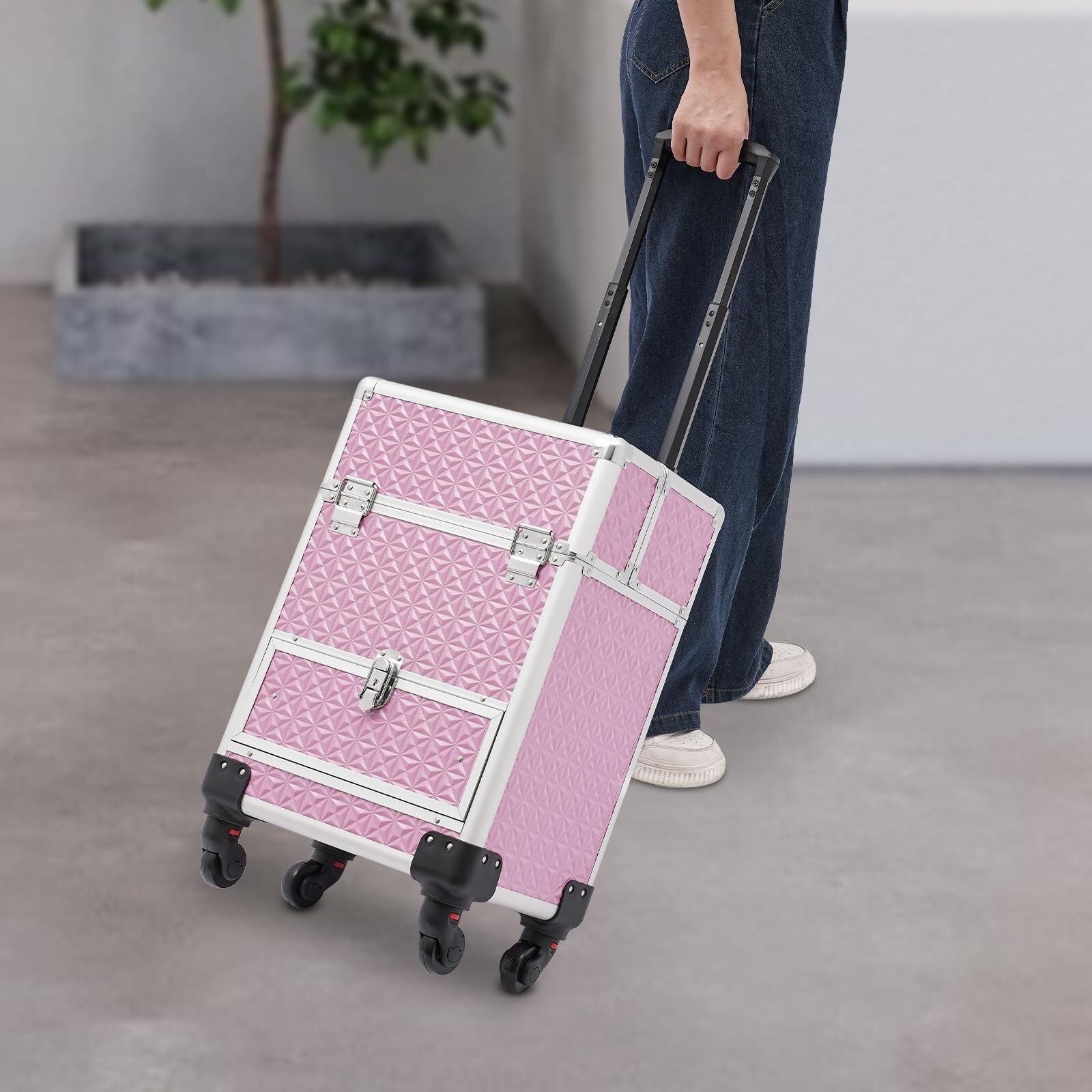Uroda Profesjonalny Wózek Do Makijażu, Aluminiowy, Kosmetyczny, Z Szufladami, 4-kołowy, Fryzjerski, Walizka Wózek(Pink)