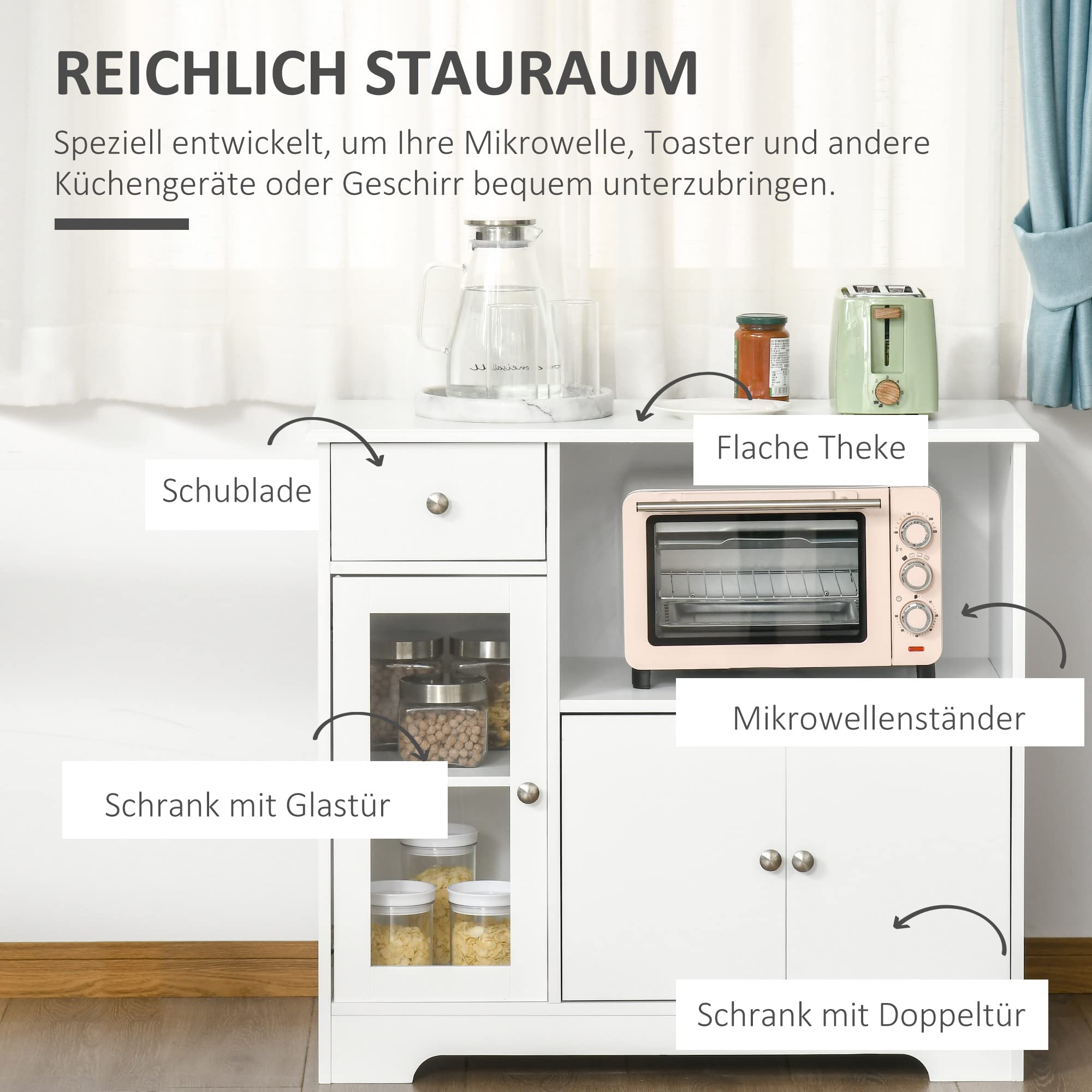 HOMCOM Mikrowellenschrank, Küchenschrank mit 2 Schränken und Schublade, Sideboard Aufbewahrungsschrank Kommode Multifunktionsschrank für Esszimmer, Kippschutz, Weiß, 90 x 40 x 82 cm